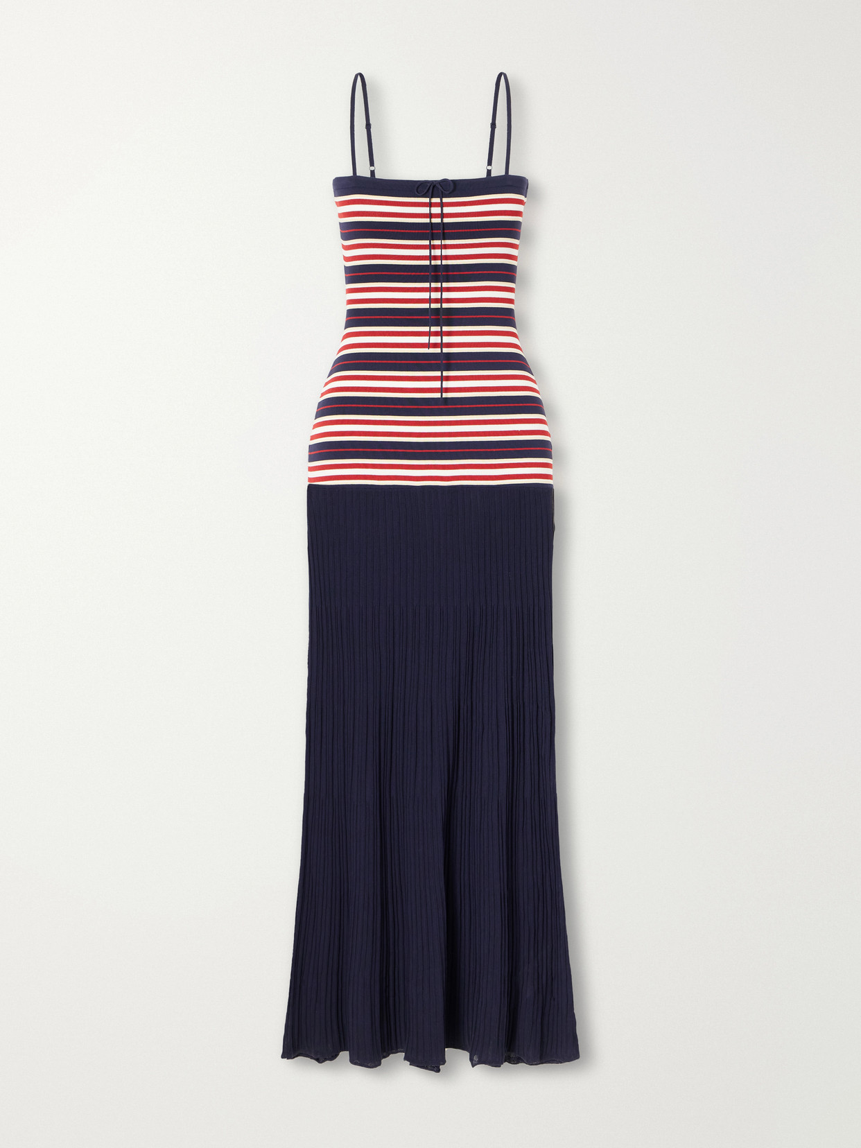 Faithfull Doris Bow-detailed Striped Cotton-blend Maxi Dress In Blue