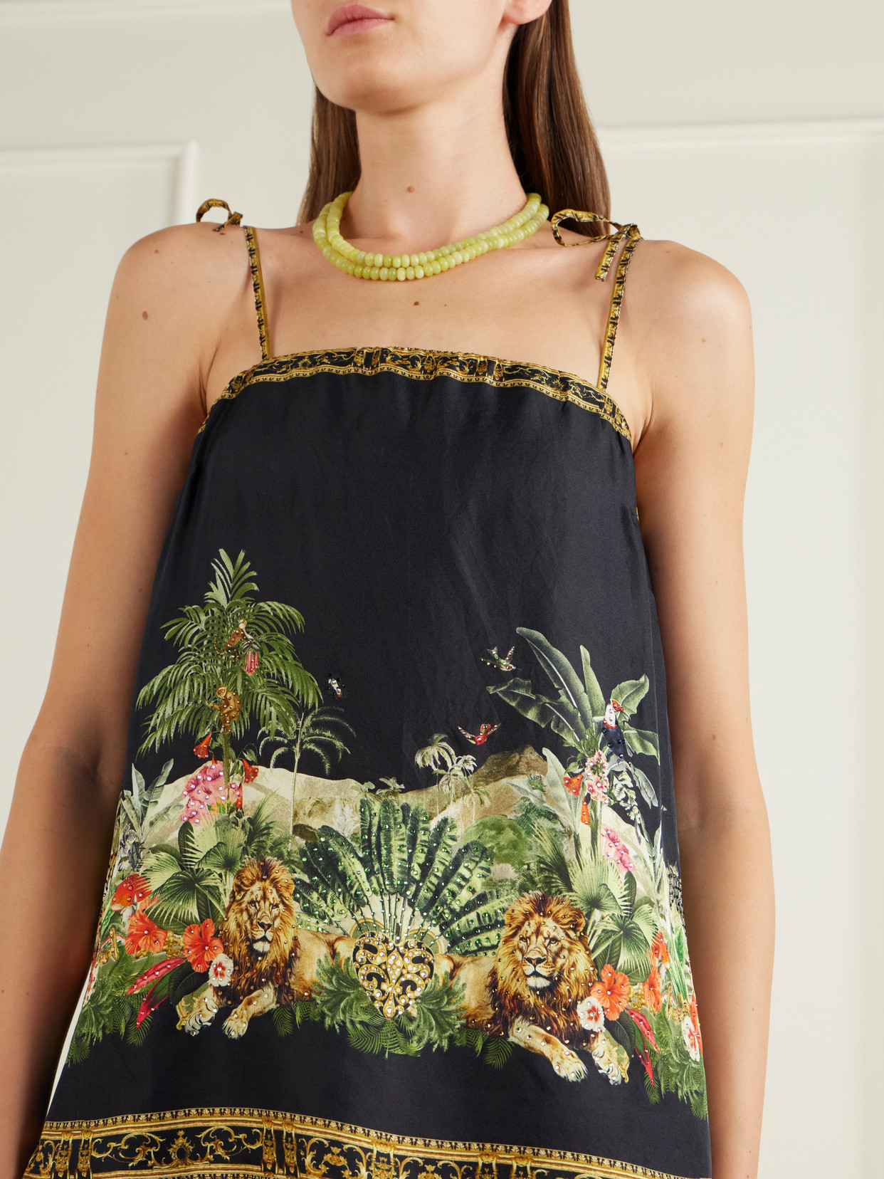 Crystal-Embellished Printed Silk-Satin Top
