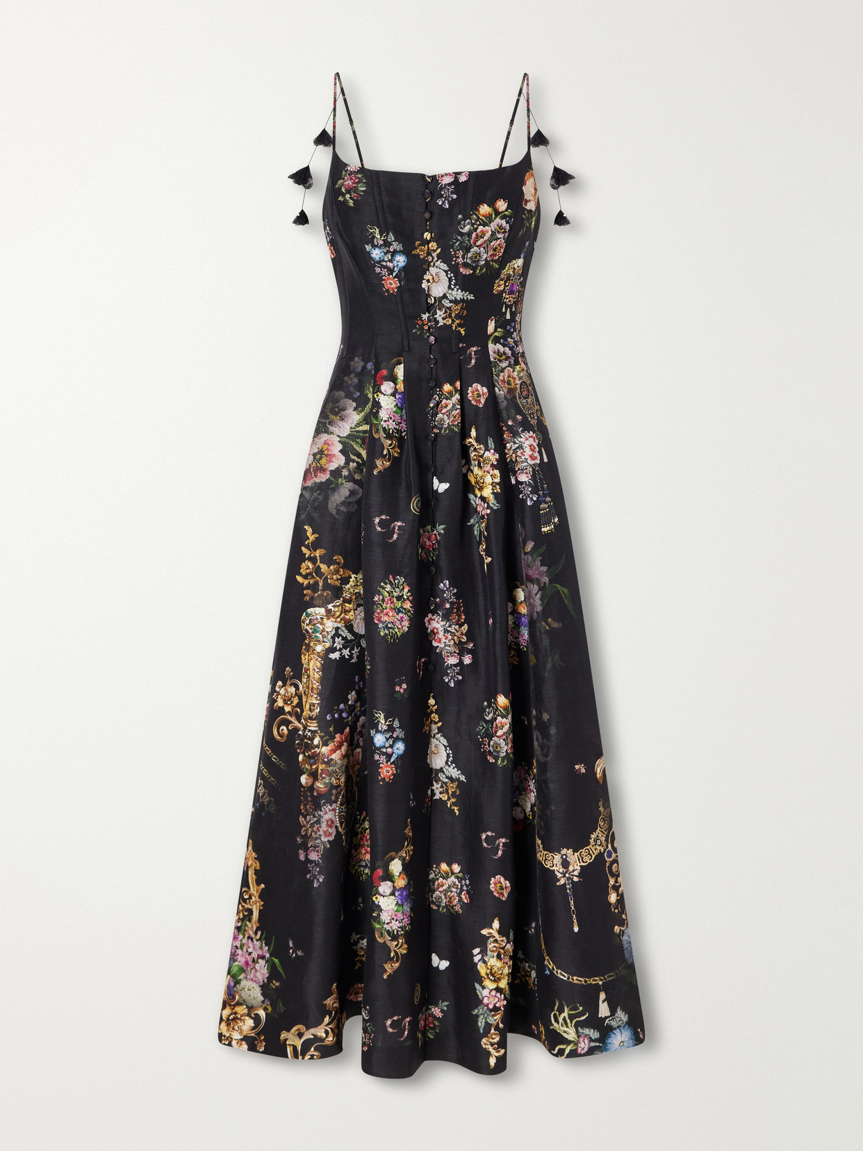 Camilla Flamenco Folklore Floral-print Linen And Silk-blend Dupioni Midi Dress In Multi