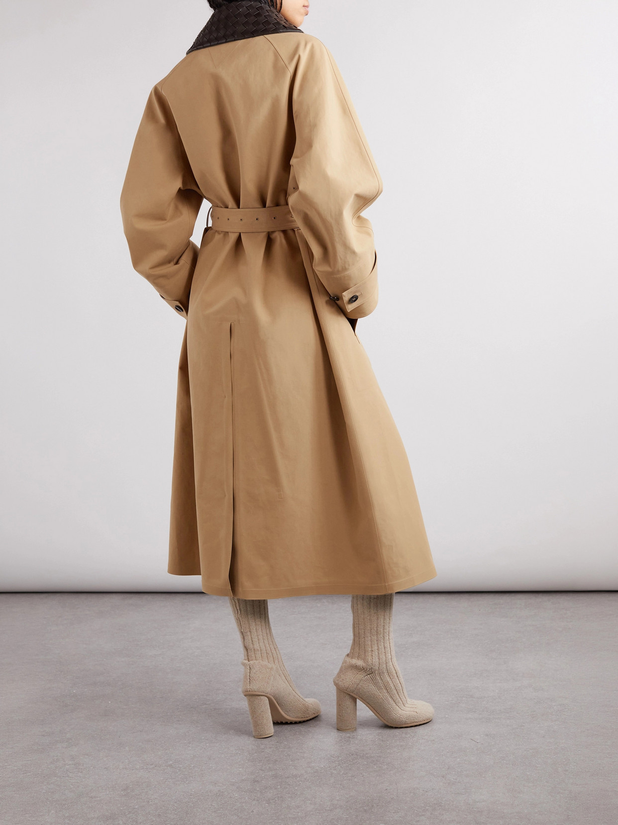 Belted Leather-Trimmed Cotton-Garbardine Trench Coat