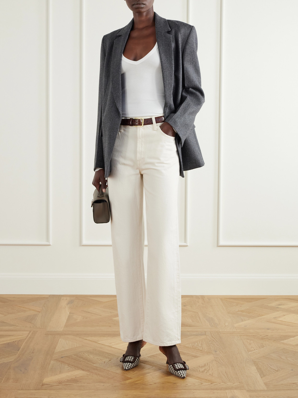 Mayslibi 50 Suede-Trimmed Houndstooth Woven Mules
