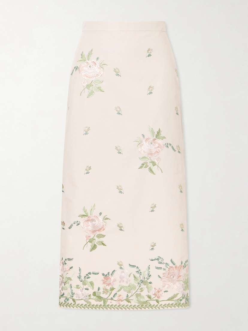 Erdem Floral-embroidered Cotton-faille Midi Skirt