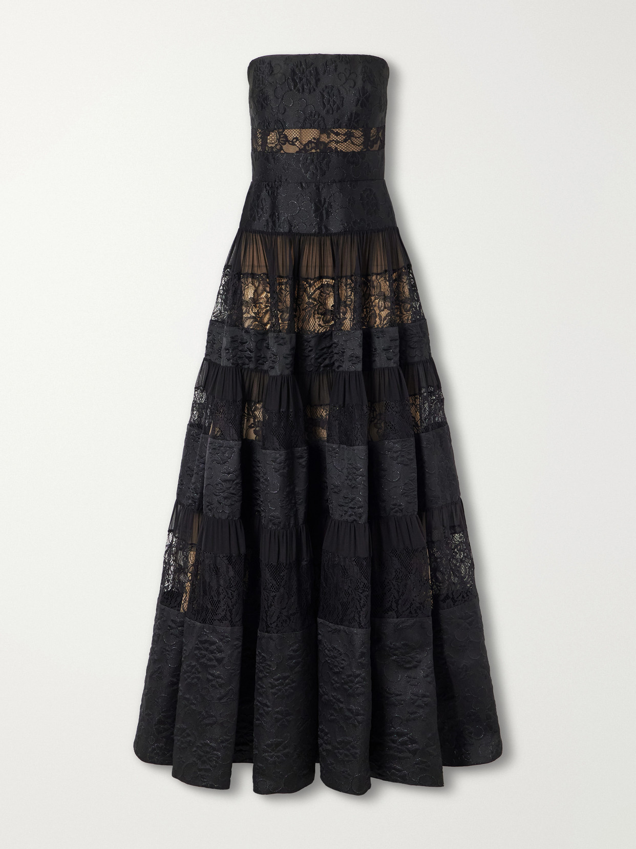 Elie Saab Strapless Lace-trimmed Chiffon Gown In Blue