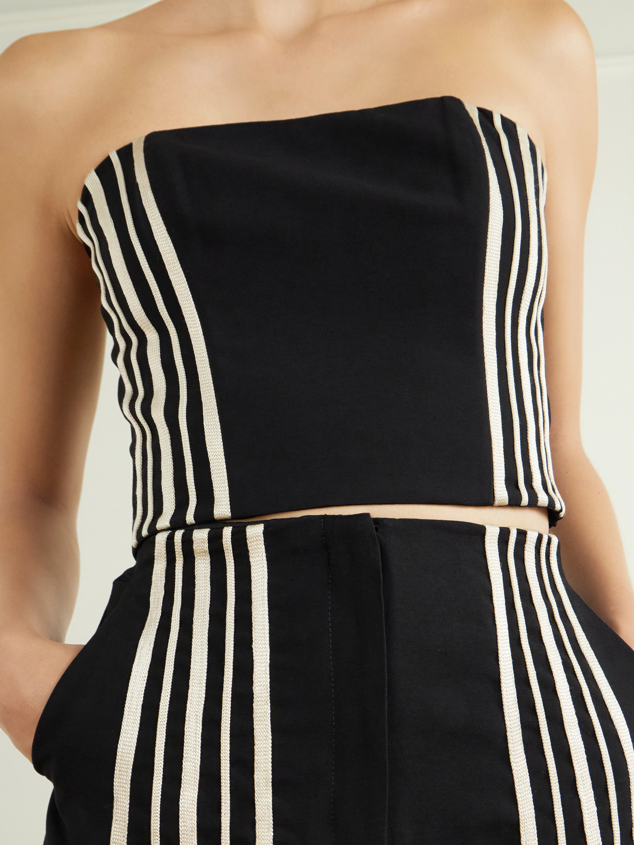 Tan Amada Strapless Striped Embroidered Twill Cropped Top