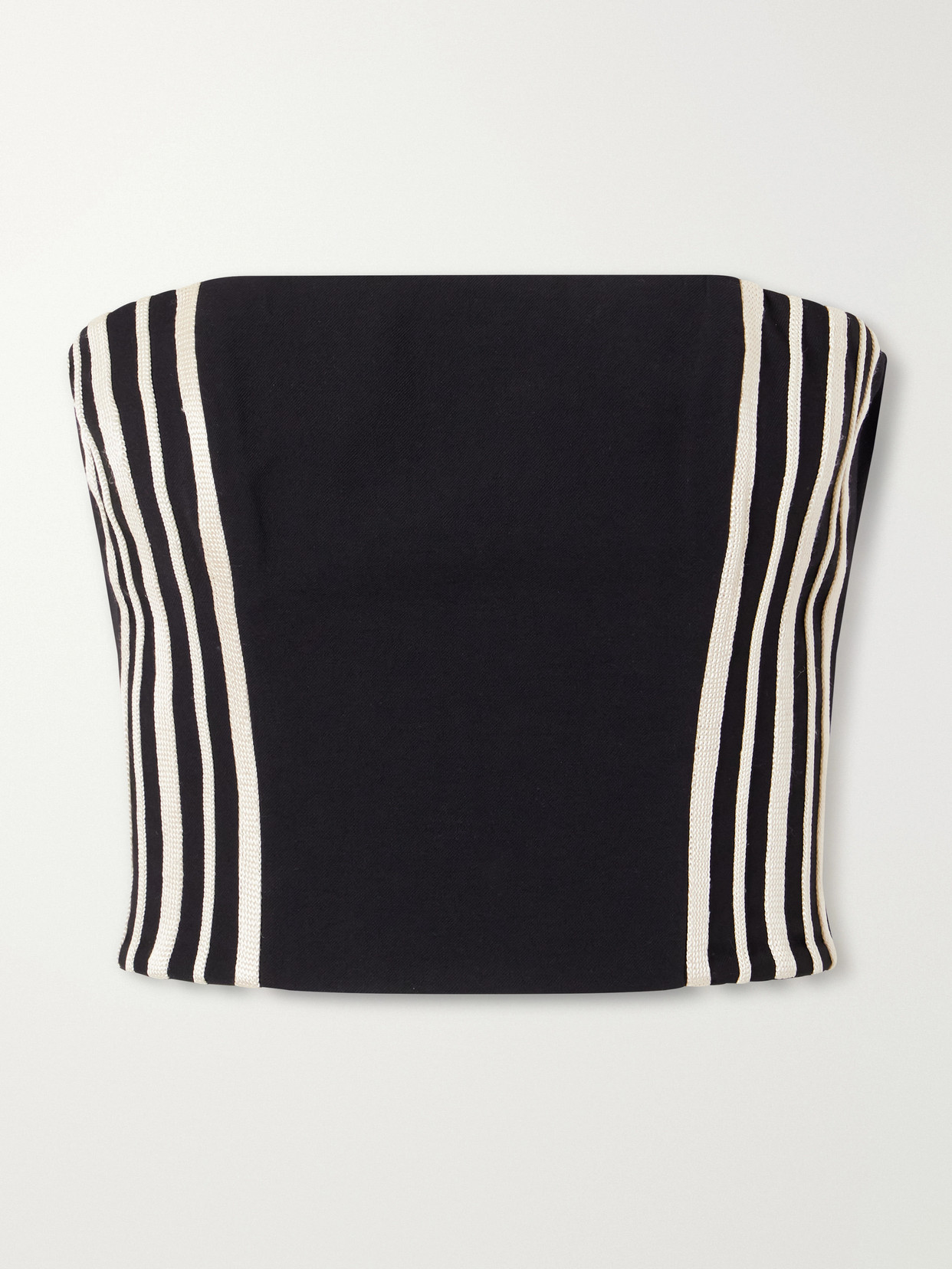 Andres Otalora Tan Amada Strapless Striped Embroidered Twill Cropped Top In Black