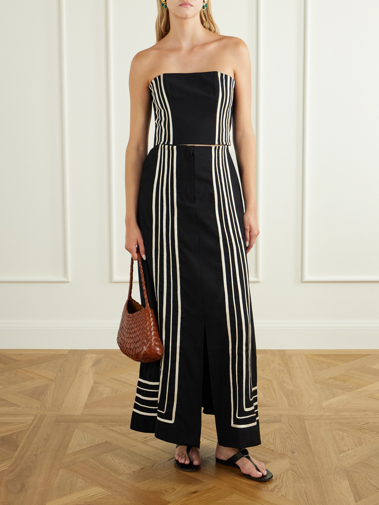 Tan Amada Strapless Striped Embroidered Twill Cropped Top