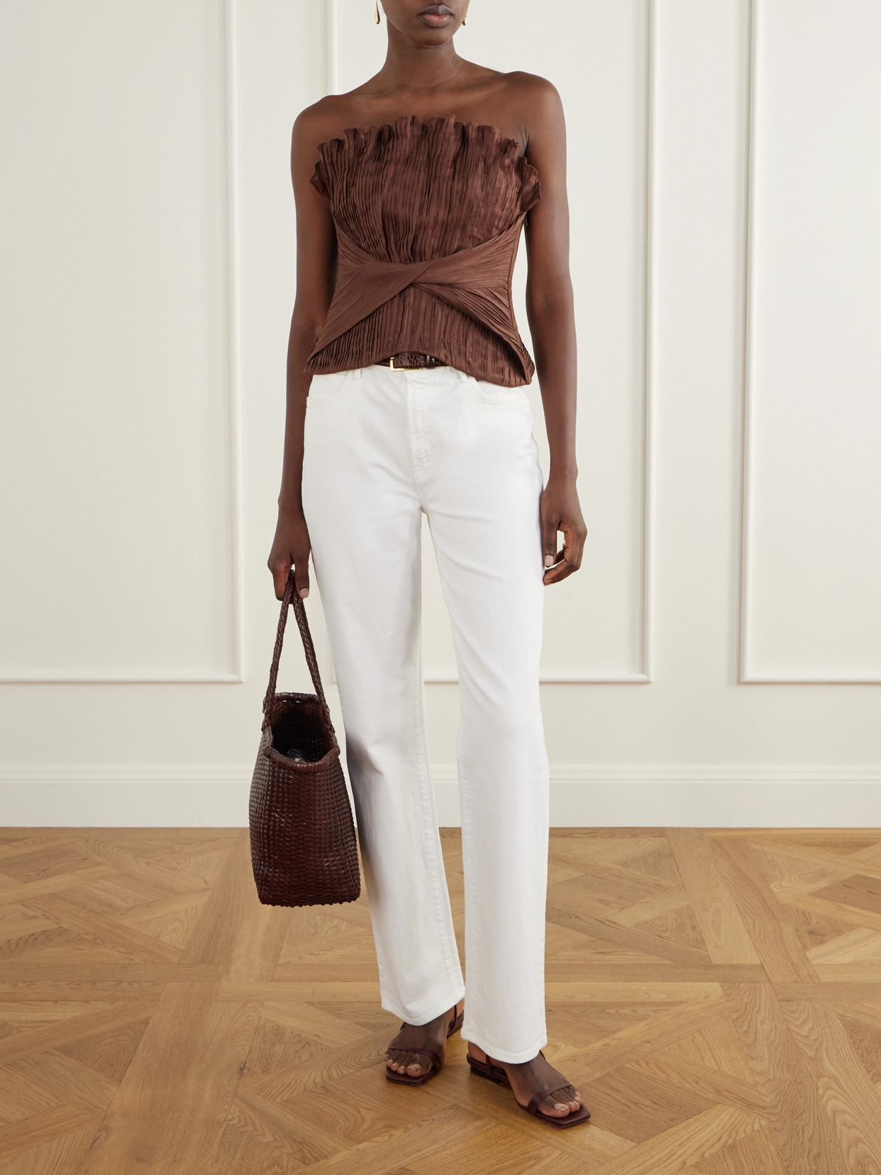 De Los Astros Pleated Twisted Linen Bustier Top