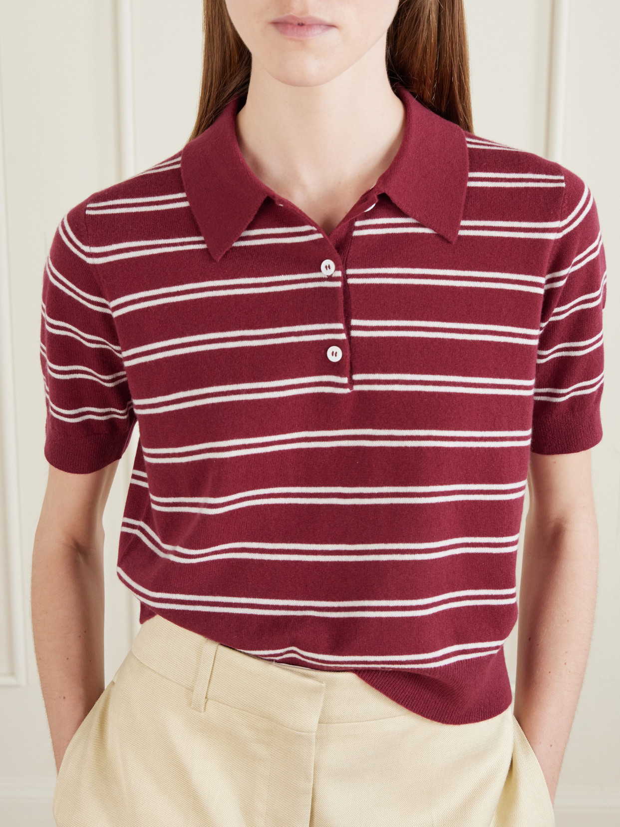 Octavia Cropped Striped Cashmere Polo