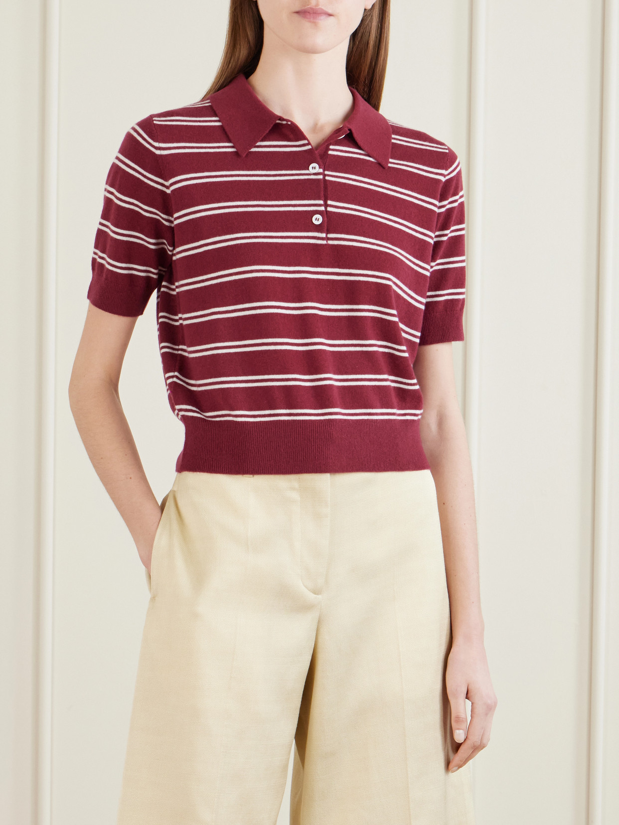 Octavia Cropped Striped Cashmere Polo