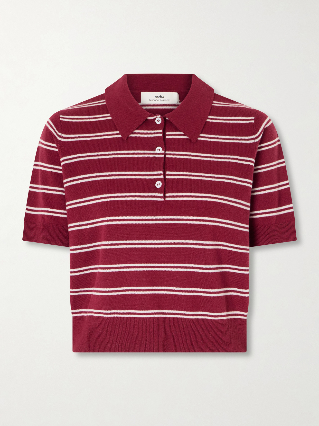 Arch4 Octavia Cropped Striped Cashmere Polo Shirt In Burgundy