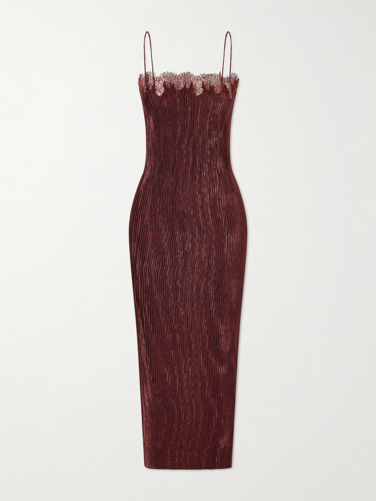 Fforme Lumie Lace-trimmed Pleated Satin Midi Dress In Burgundy