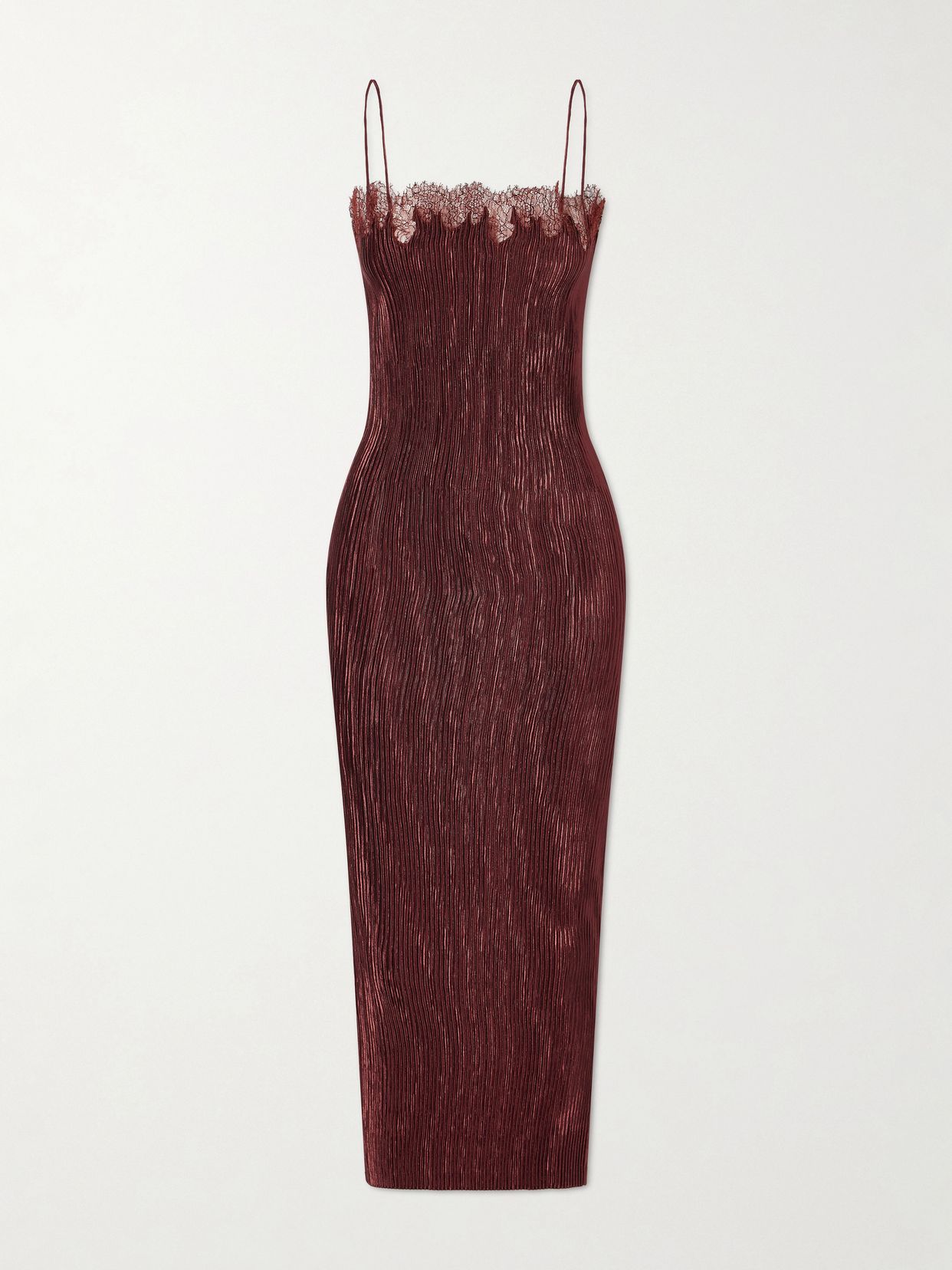 lumie lace trimmed pleated satin midi dress