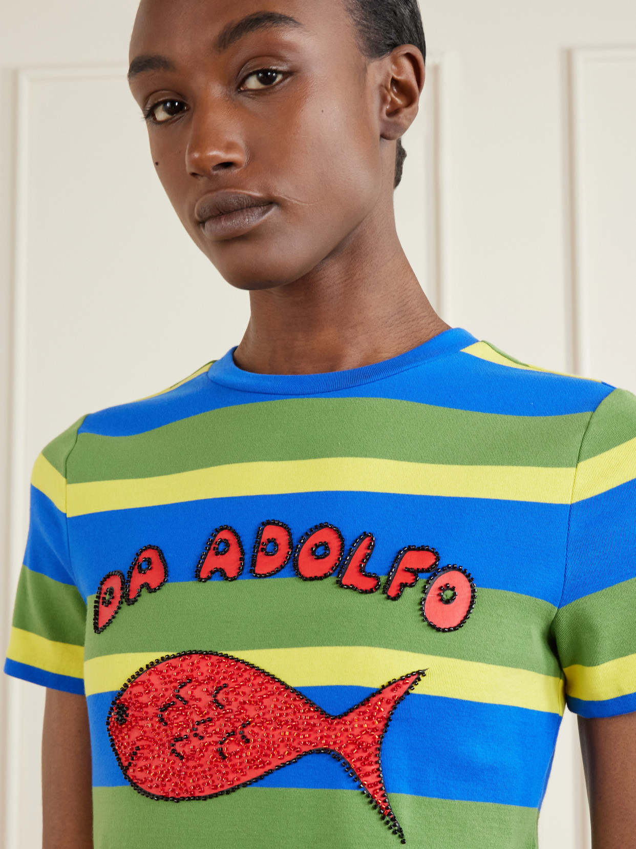 + Da Adolfo Weekender Striped Printed Cotton-Blend T-Shirt