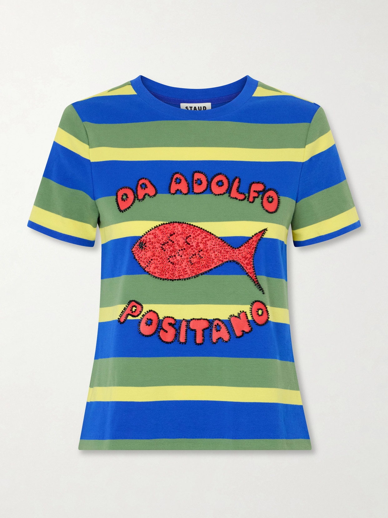 Staud + Da Adolfo Weekender Striped Printed Cotton-blend T-shirt In Multi