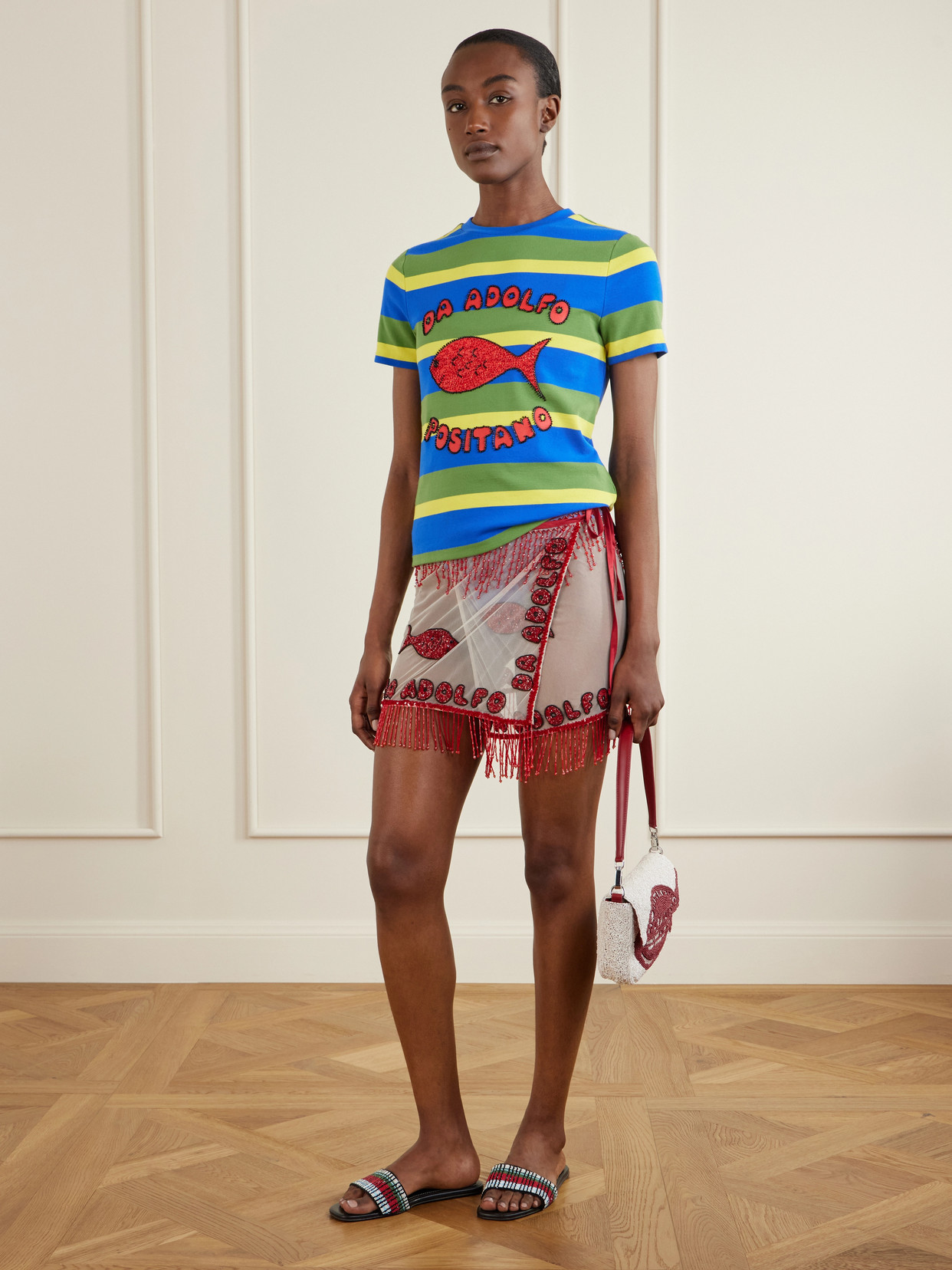 + Da Adolfo Weekender Striped Printed Cotton-Blend T-Shirt