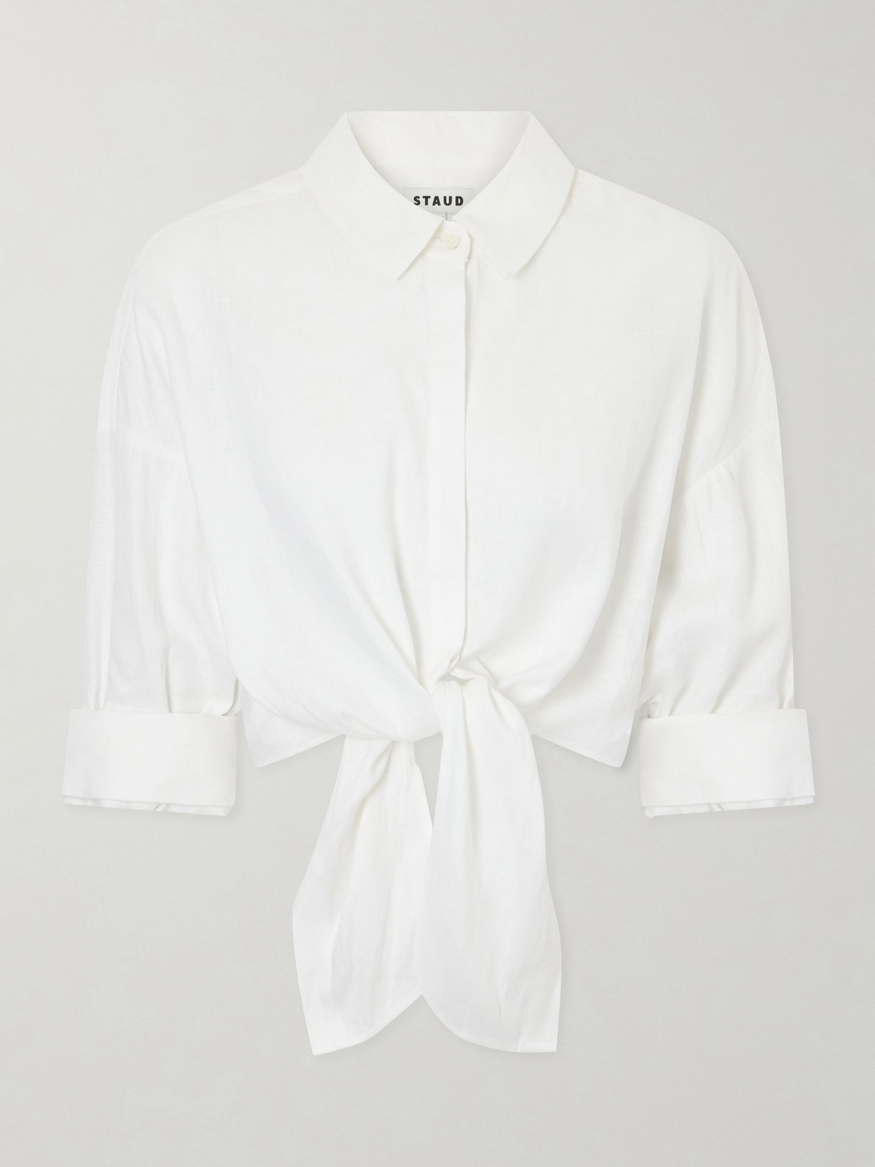 Staud Lisa Knotted Linen Shirt In White