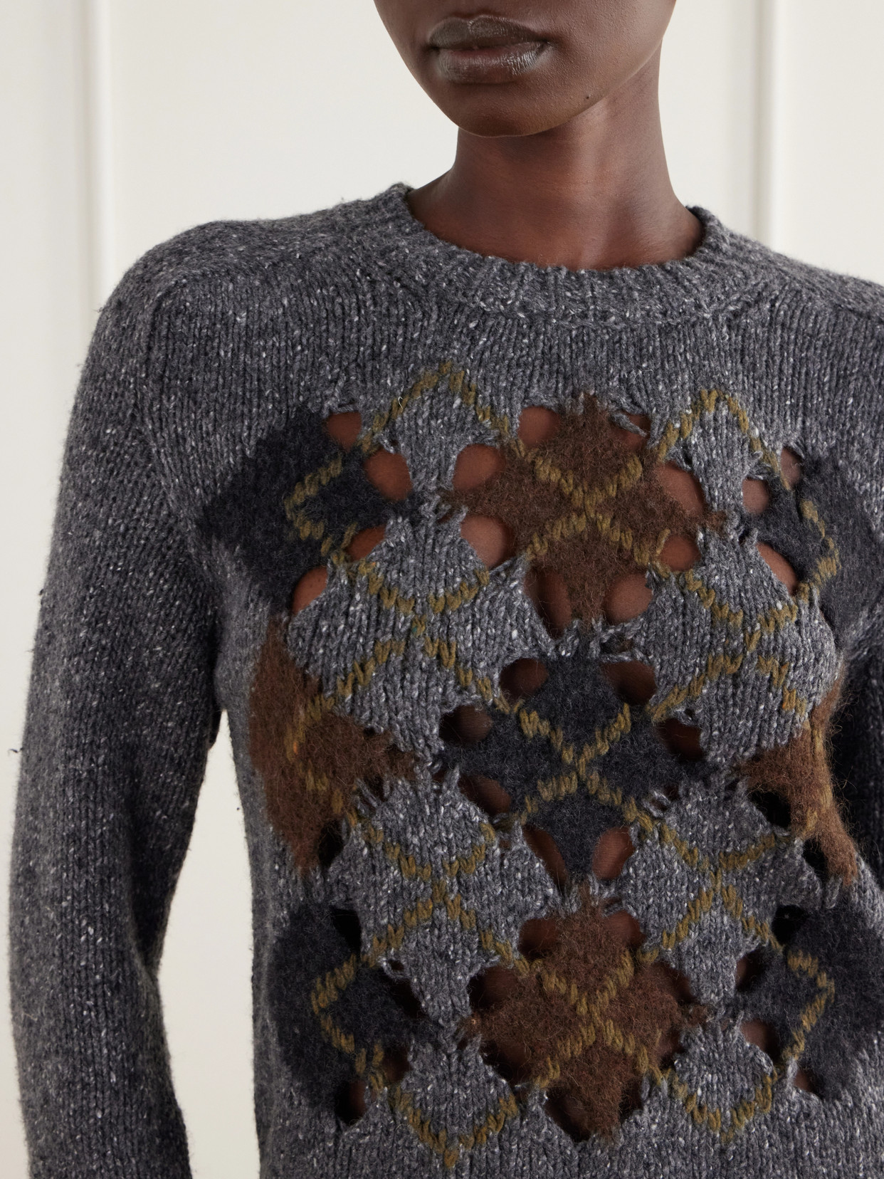 Nina Cut-Out Checked Wool-Blend Sweater