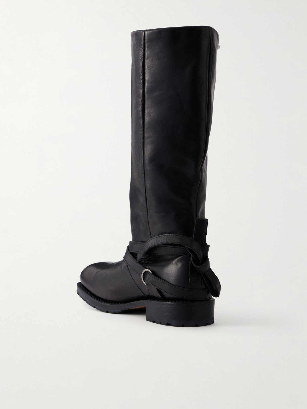 High Engine Tie-Embellished Leather Knee Boots
