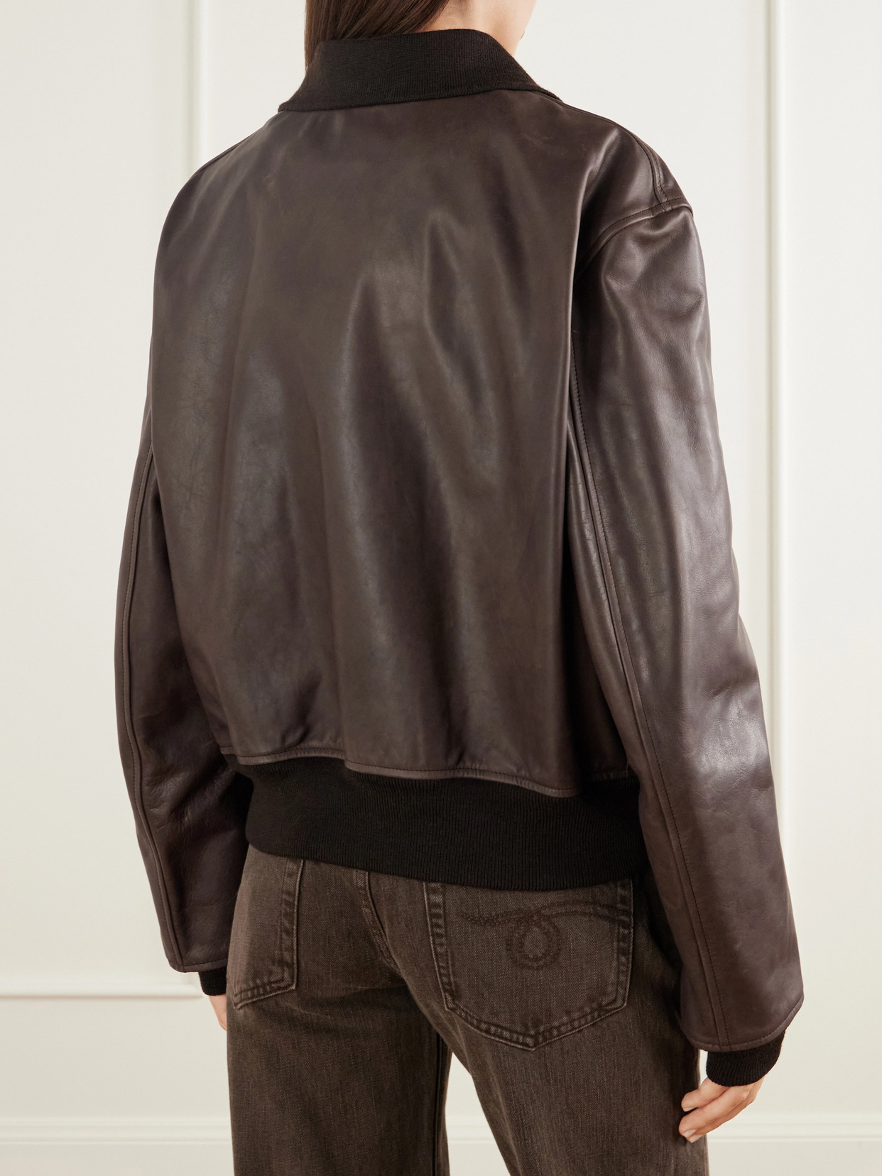 Waxed Cotton-Trimmed Leather Bomber Jacket