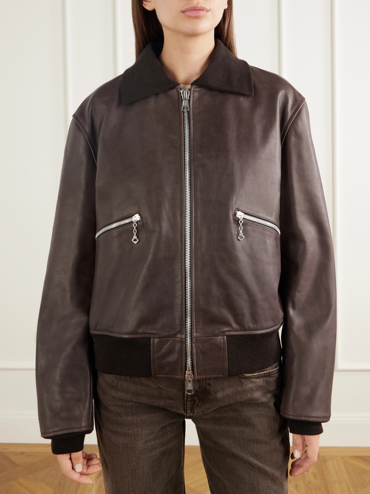 Waxed Cotton-Trimmed Leather Bomber Jacket