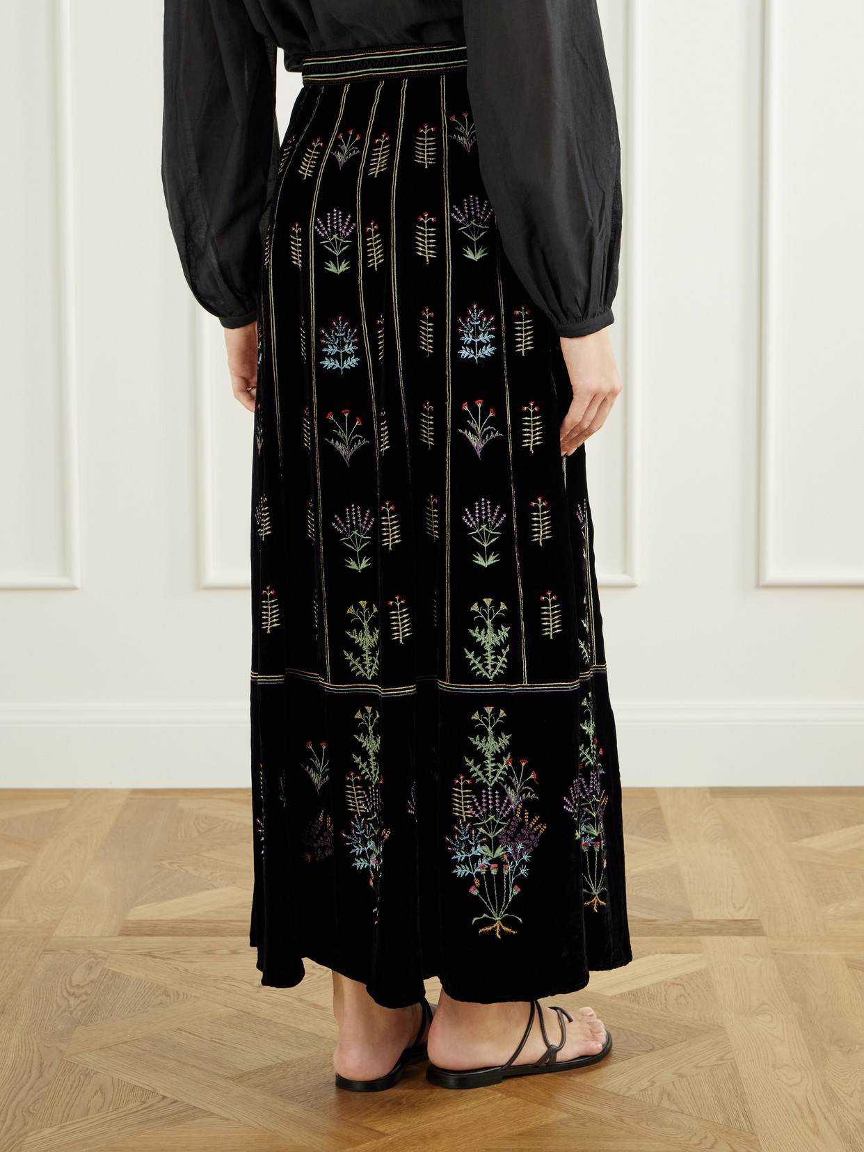 Camille Agra Flower-Embroidered Velvet Midi