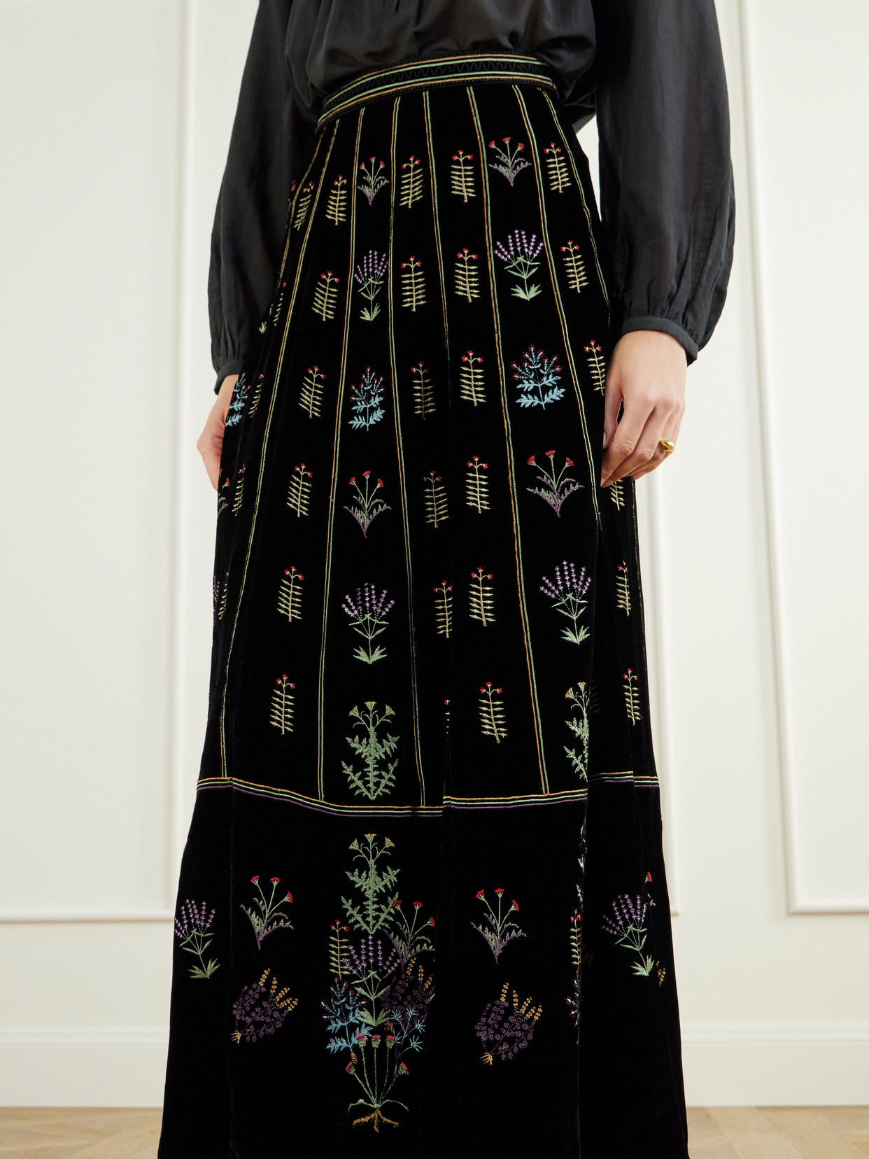 Camille Agra Flower-Embroidered Velvet Midi