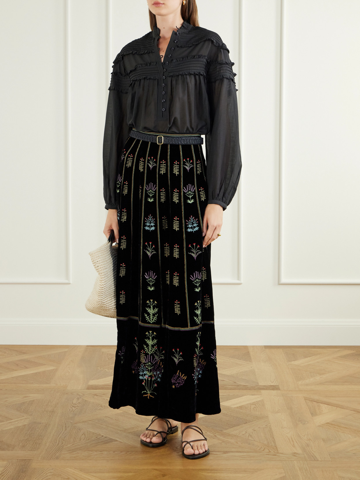 Camille Agra Flower-Embroidered Velvet Midi