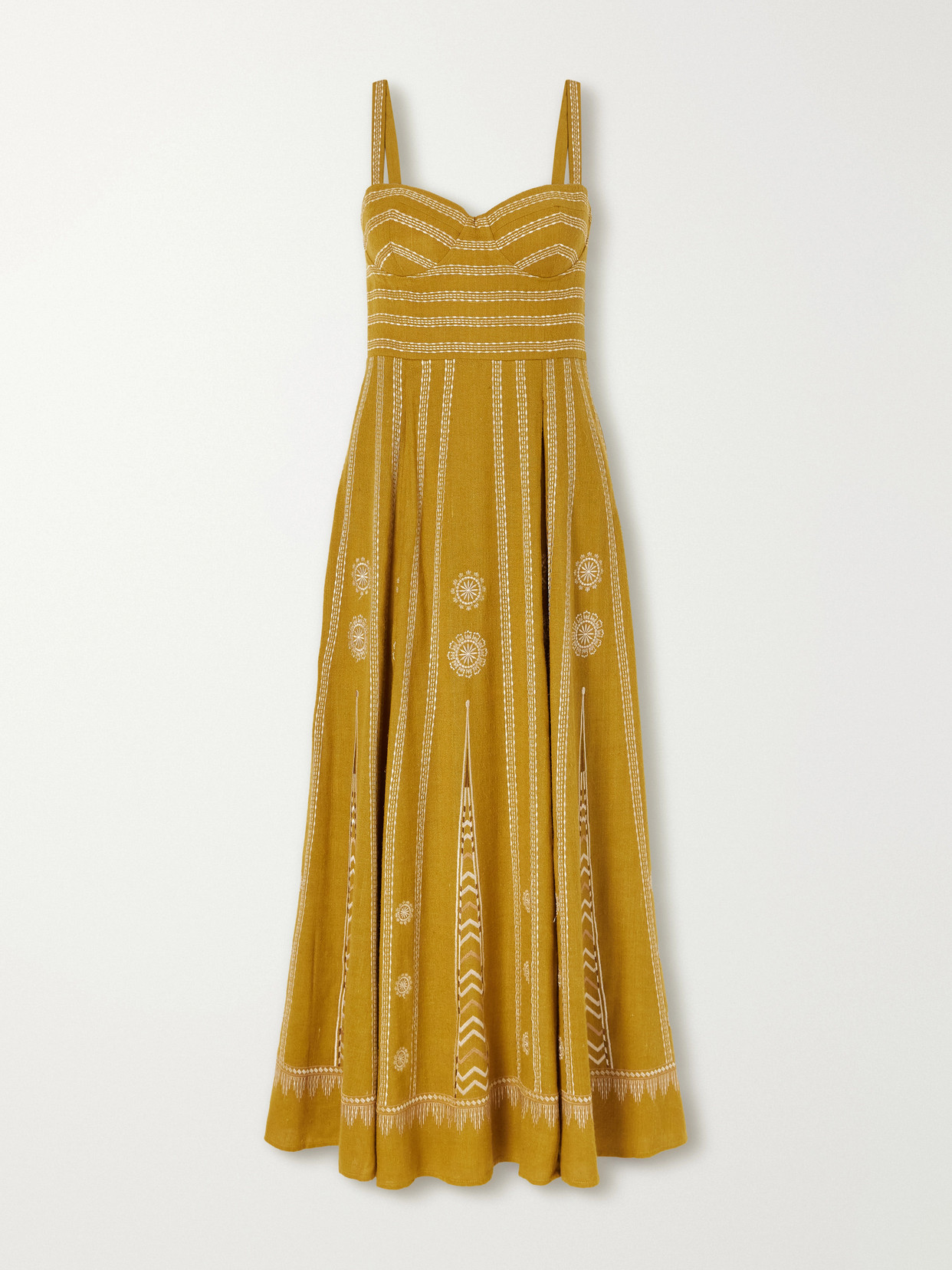 Emporio Sirenuse Elida Pleated Embroidered Silk Maxi Dress In Yellow