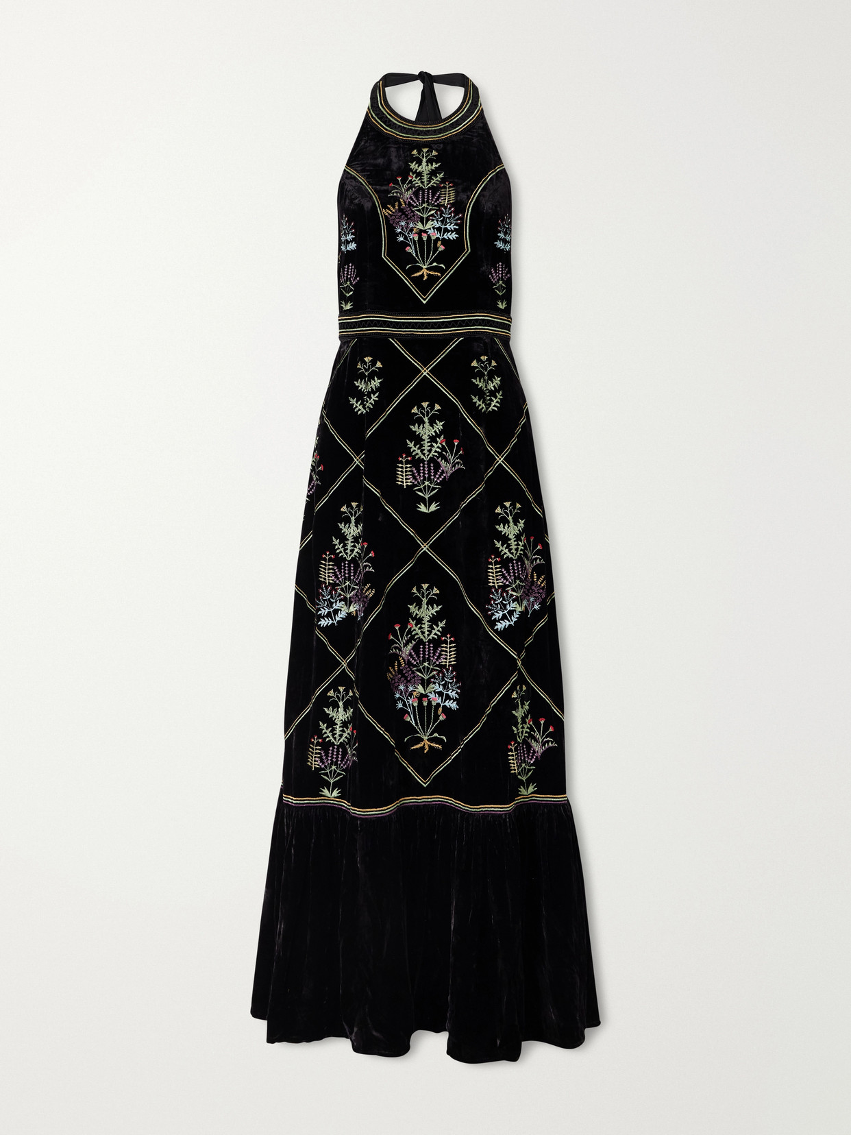 Emporio Sirenuse Chantal Agra Flower-embroidered Velvet Midi Dress In Black