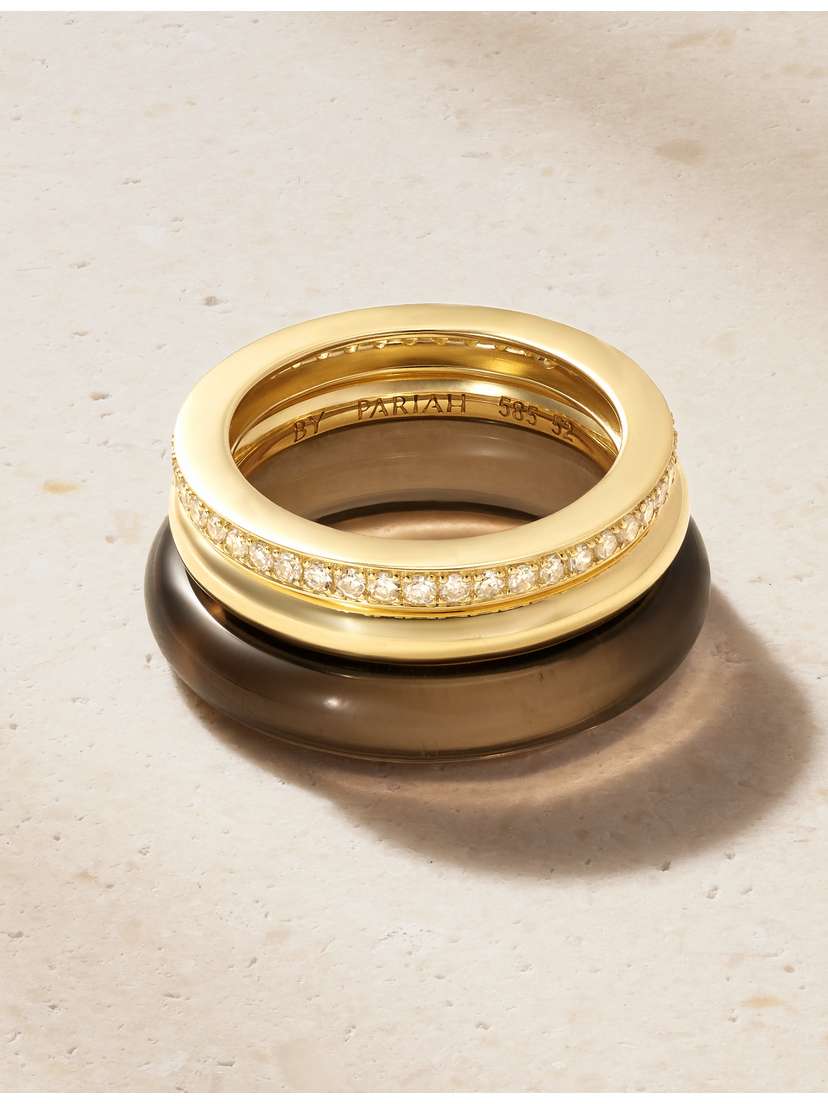 Set Of Three 14-karat Gold, Diamond And Smokey Quartz Rings