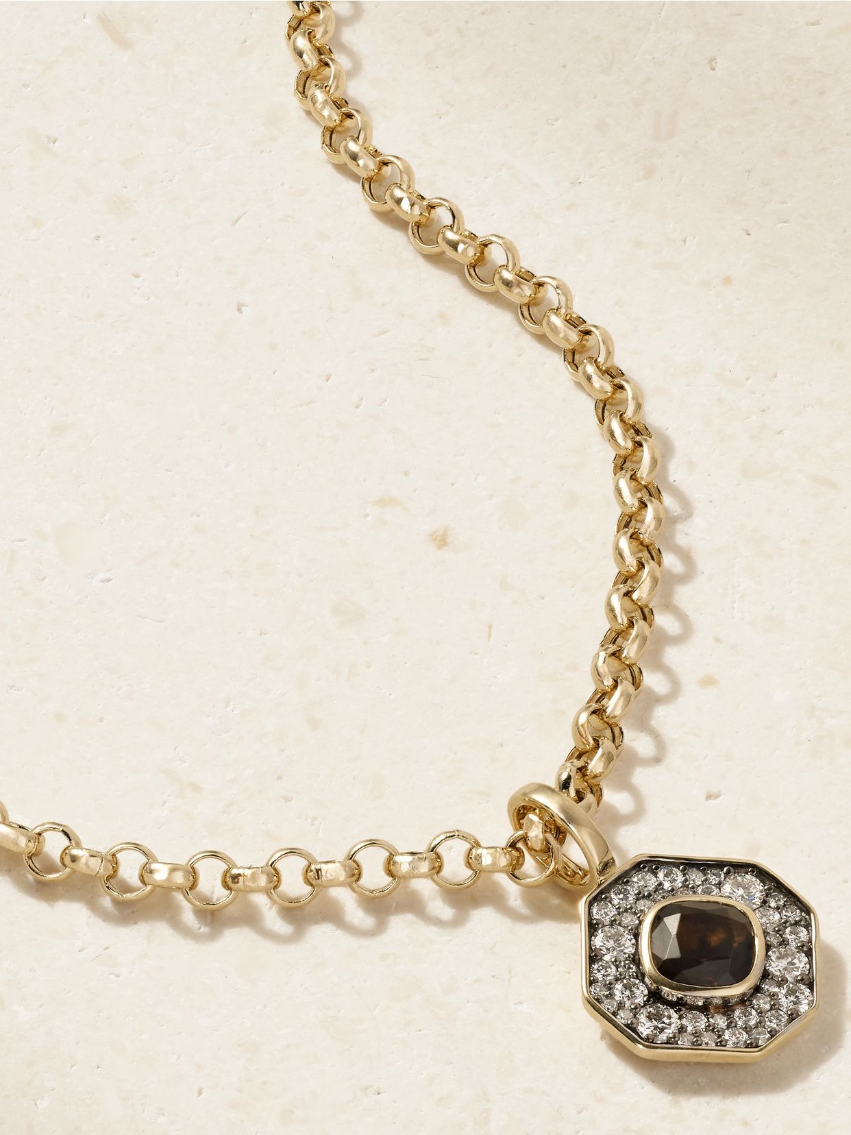 Octagon 14-karat recycled gold, smokey quartz and diamond necklace