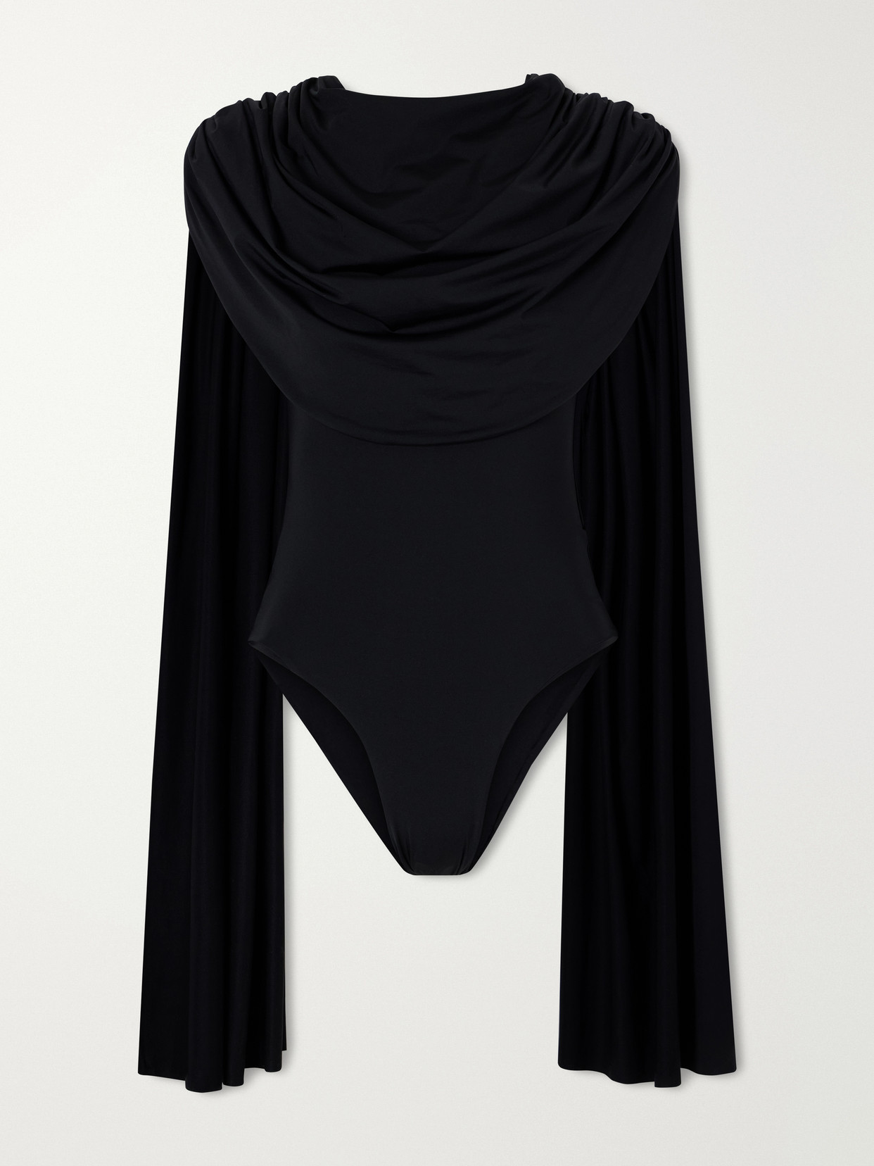 Maygel Coronel Burano Cape-detailed Draped Stretch-jersey Bodysuit In Black