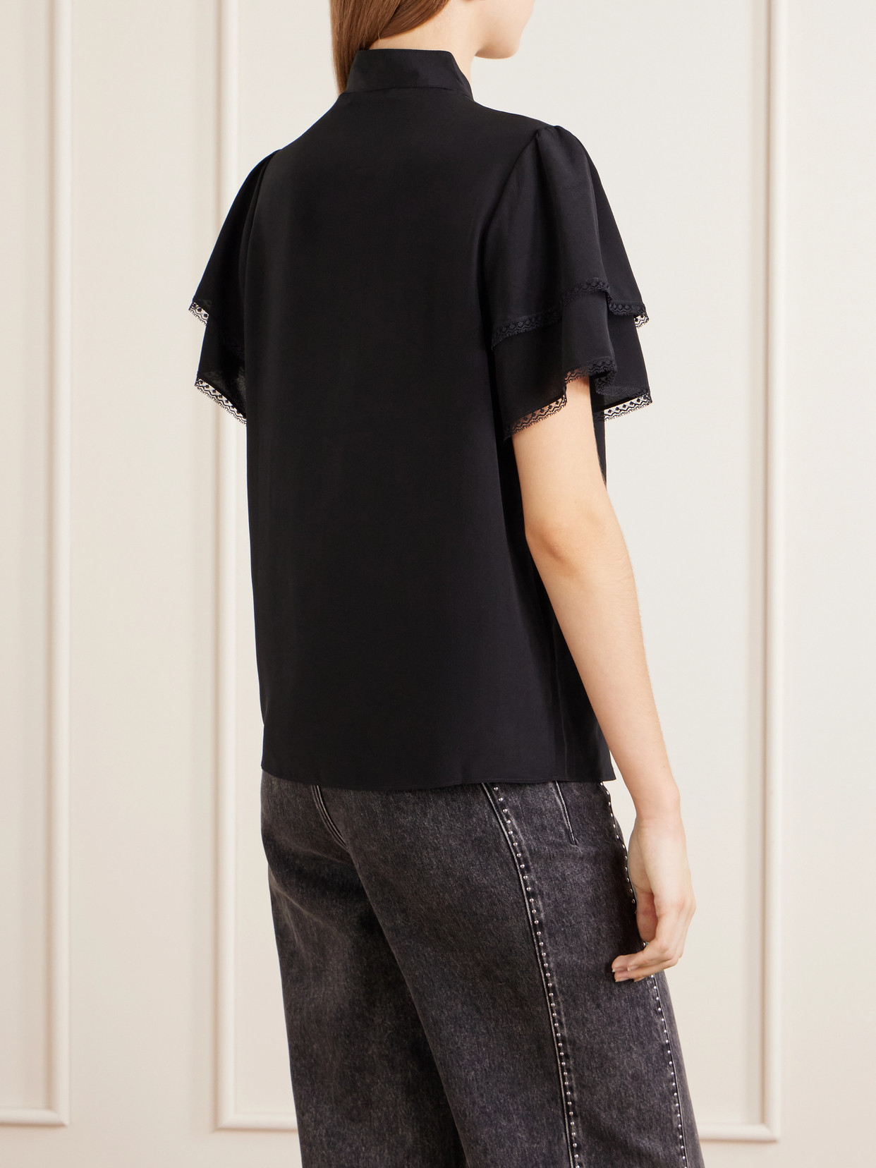 Frame Arcadia Lace-trimmed Silk Blouse In Black