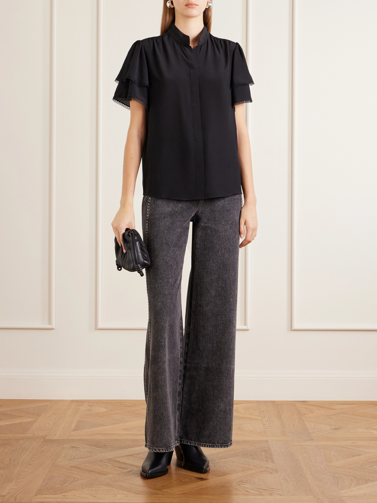 Frame Arcadia Lace-trimmed Silk Blouse In Black