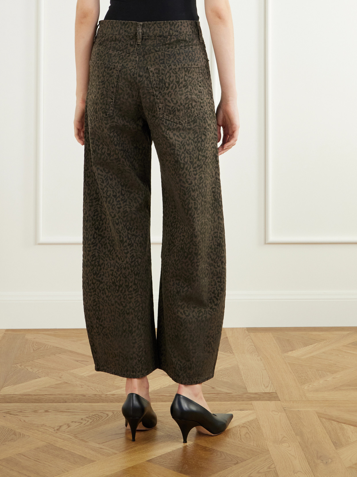The Bow Crop Flocked Leopard-Print High-Rise Barrel-Leg Jeans
