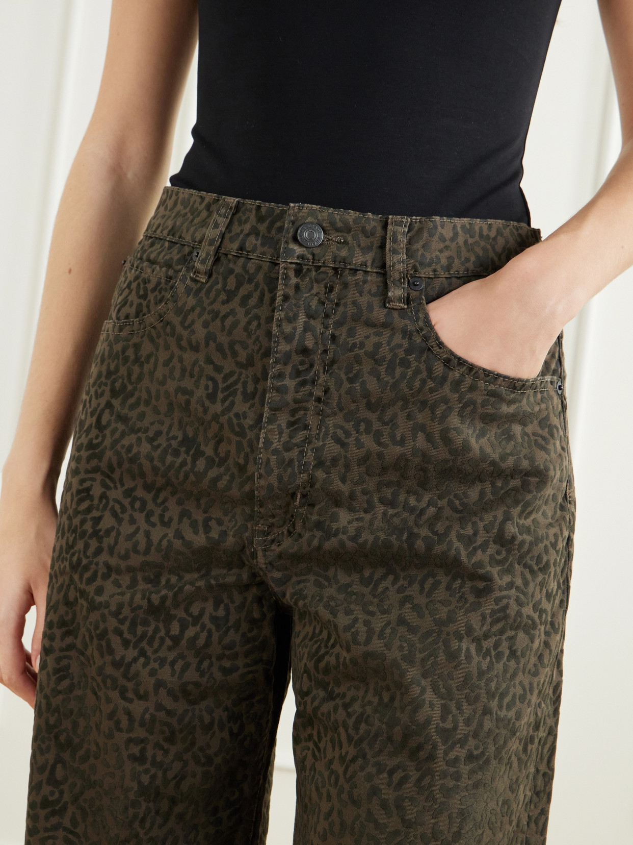 The Bow Crop Flocked Leopard-Print High-Rise Barrel-Leg Jeans