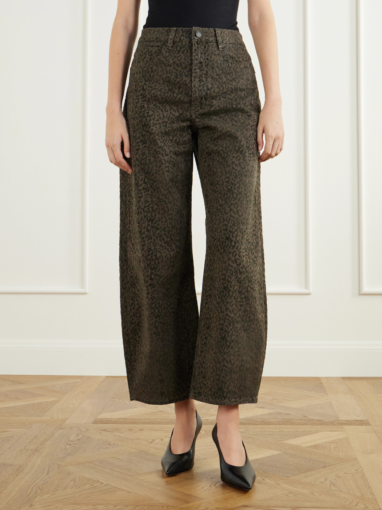 The Bow Crop Flocked Leopard-Print High-Rise Barrel-Leg Jeans