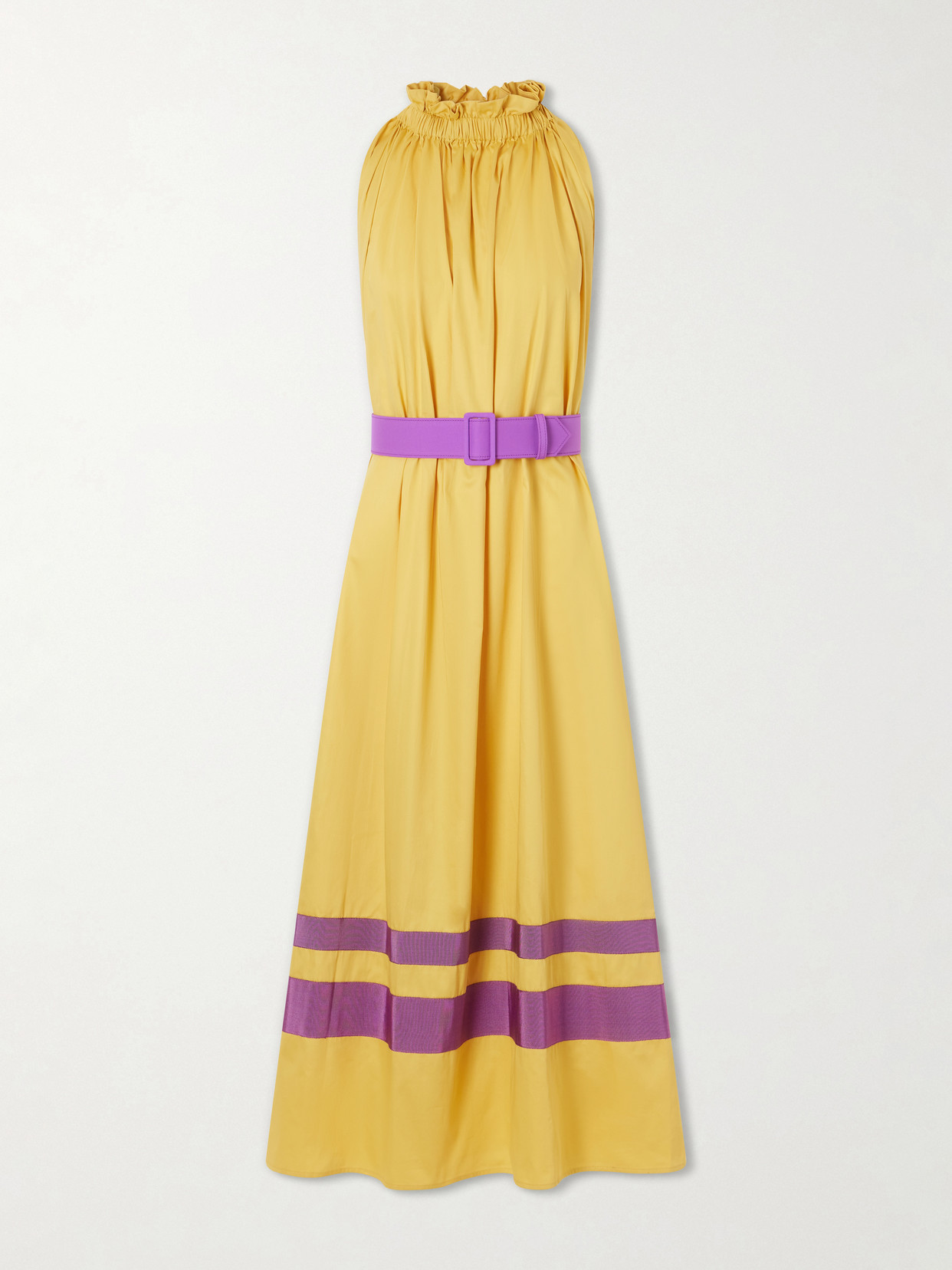 Marta Ferri Camogli Belted Ruched Grosgrain-trimmed Cotton-poplin Halterneck Midi Dress In Yellow