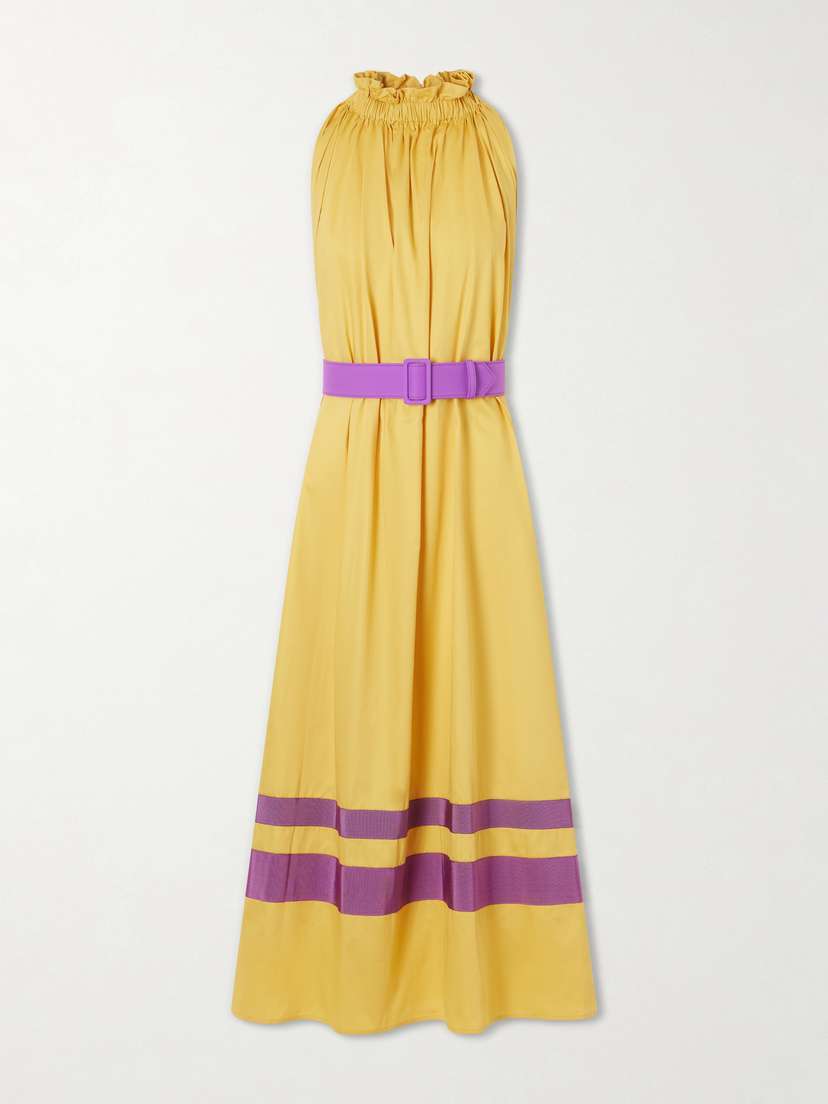 Marta Ferri Camogli Belted Ruched Grosgrain-trimmed Cotton-poplin Halterneck Midi Dress