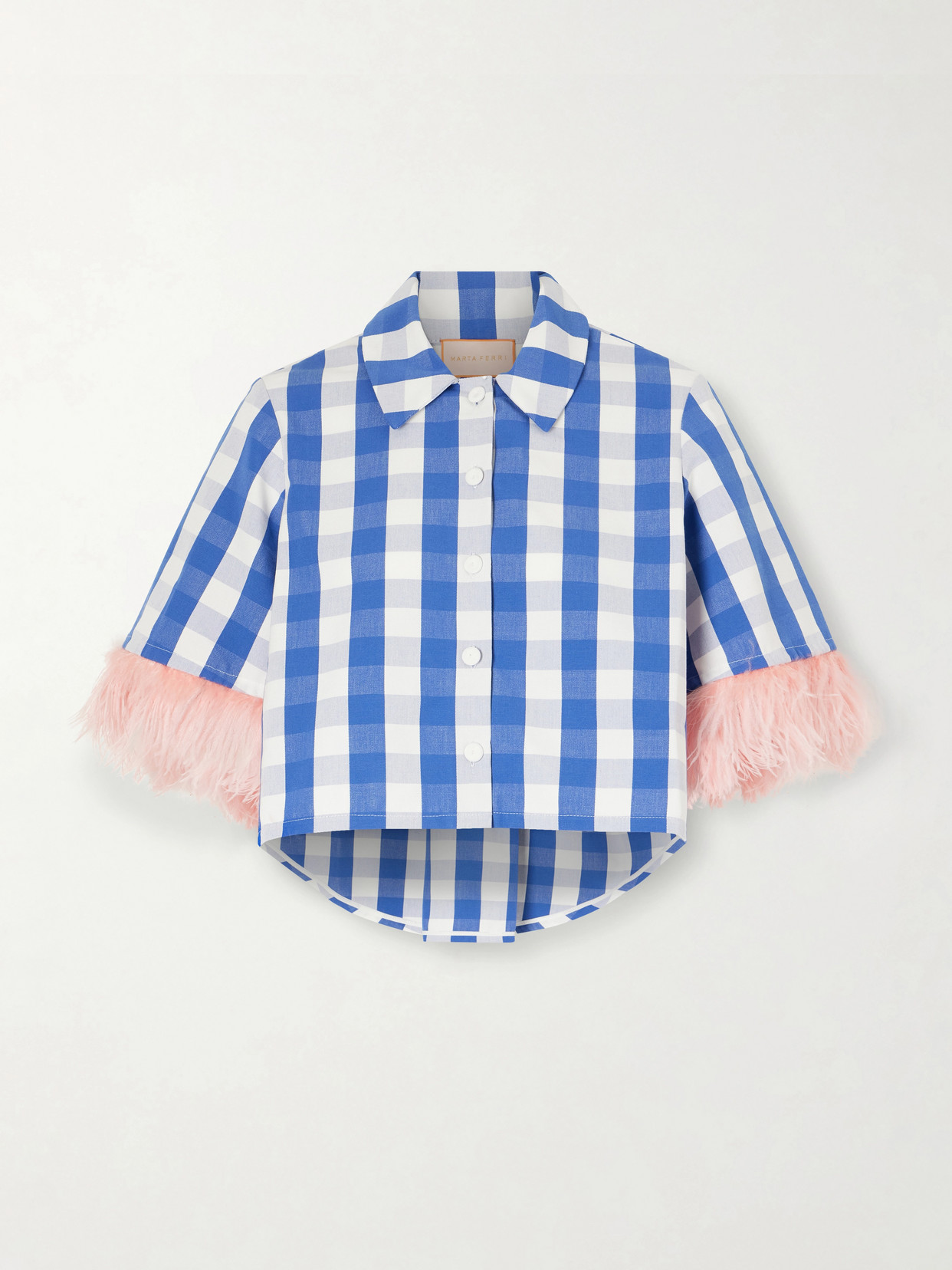 Marta Ferri Picnic Cropped Checked Feather-trimmed Cotton-blend Blouse In Blue