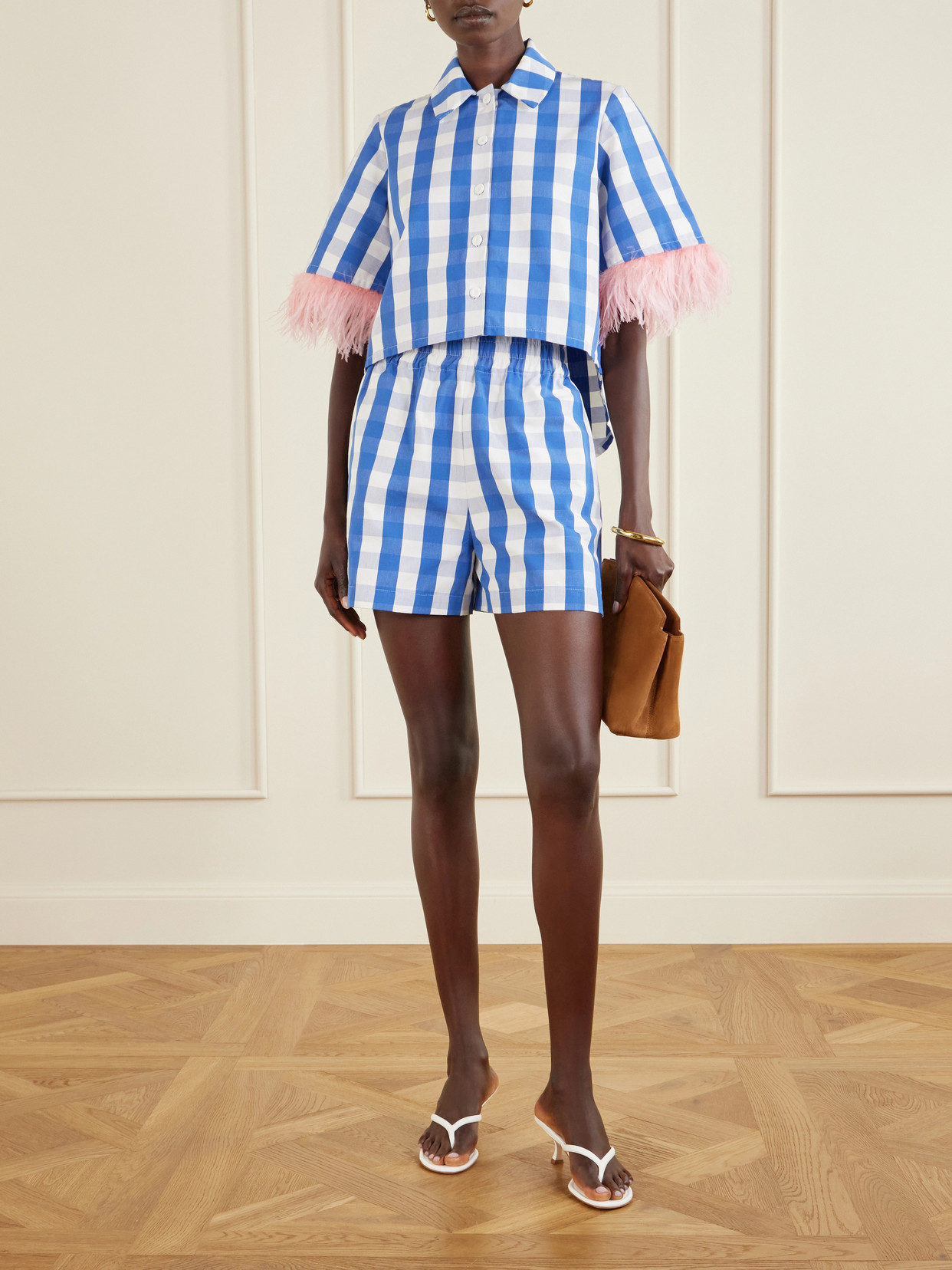 Picnic Cropped Checked Feather-Trimmed Cotton-Blend Blouse