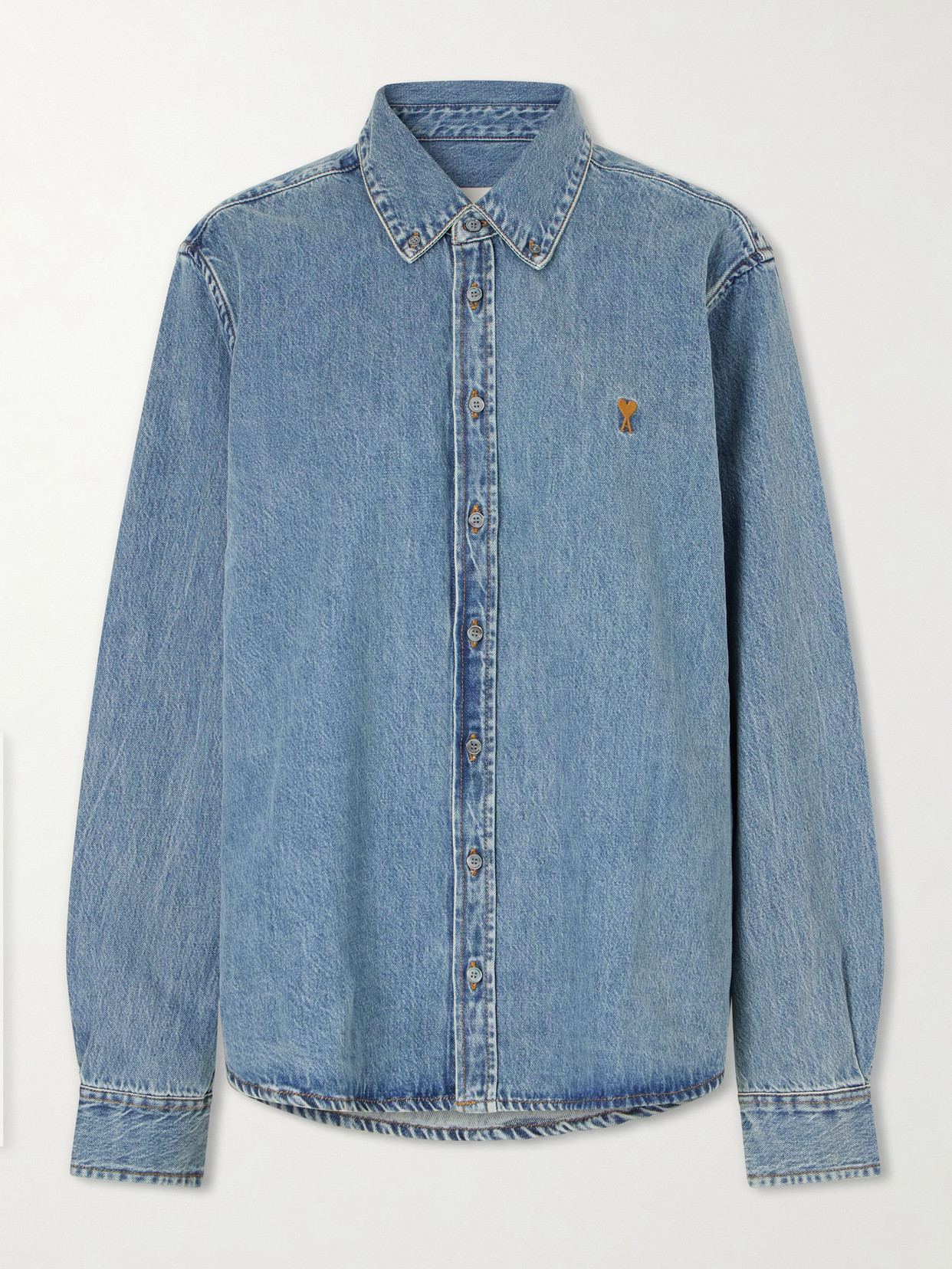 Ami Alexandre Mattiussi Logo-embroidered Denim Shirt In Blue