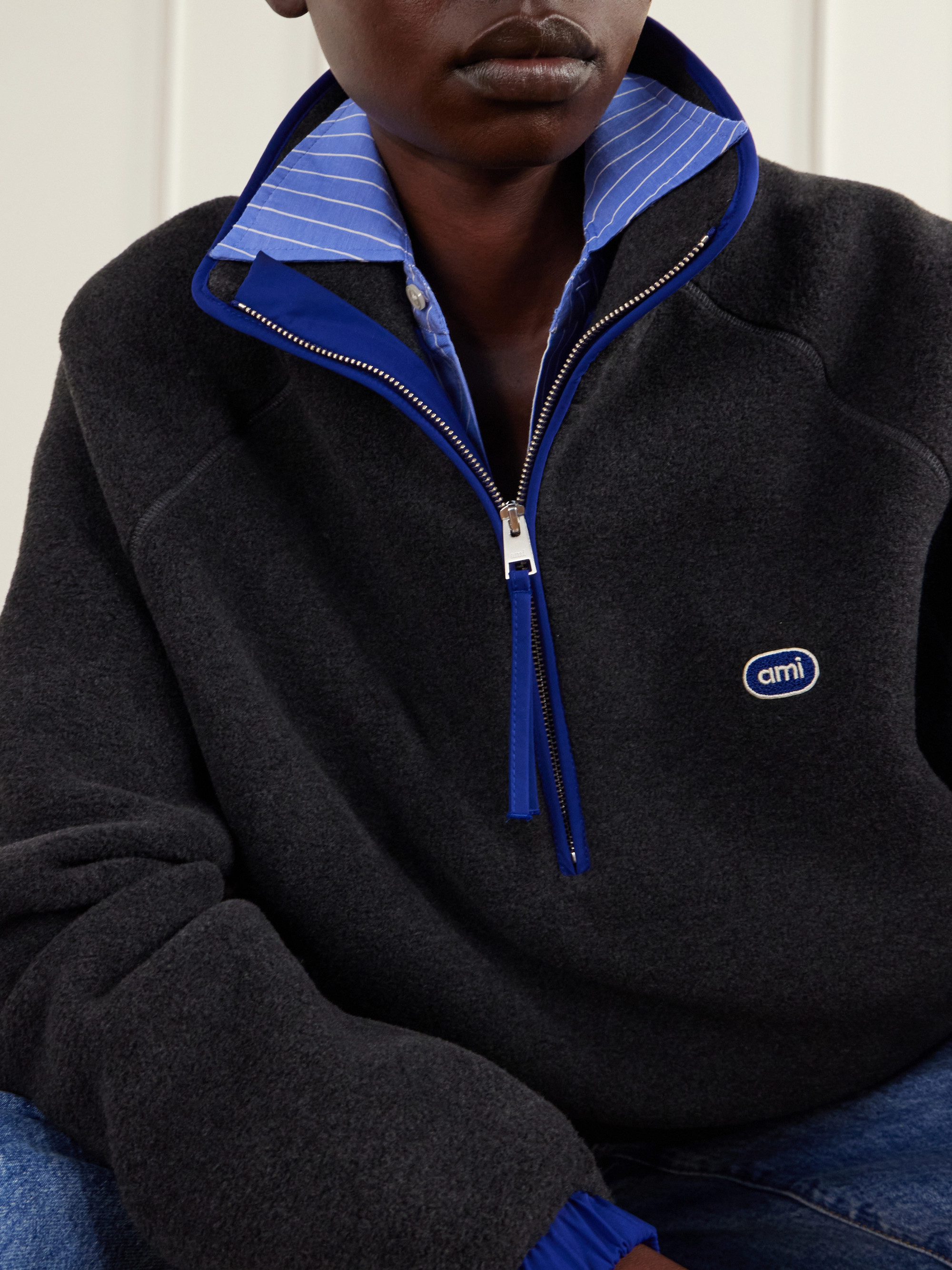 Ami Paris Logo-embroidered shell-trimmed fleece half-zip jacket