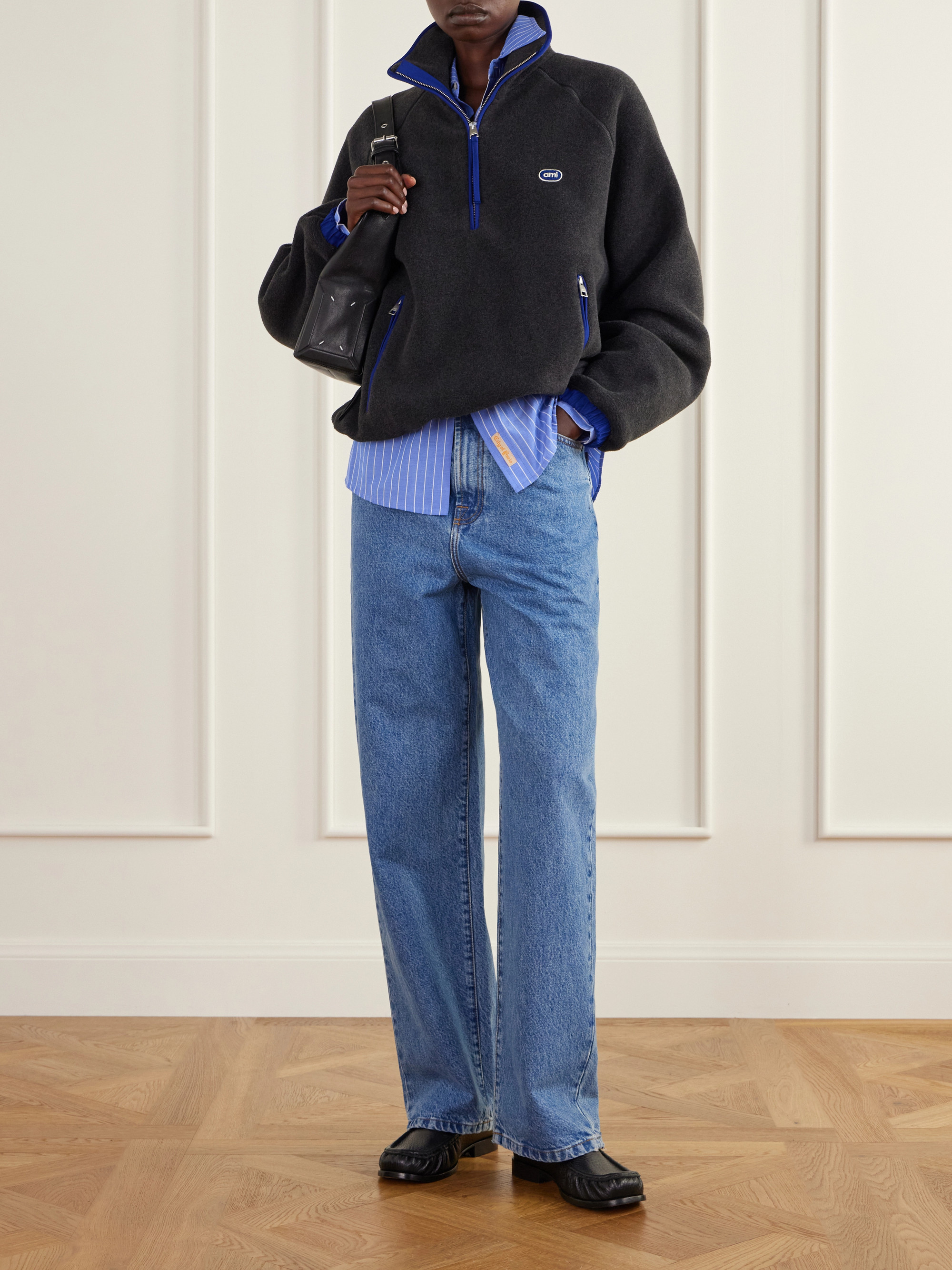 Ami Paris Logo-embroidered shell-trimmed fleece half-zip jacket