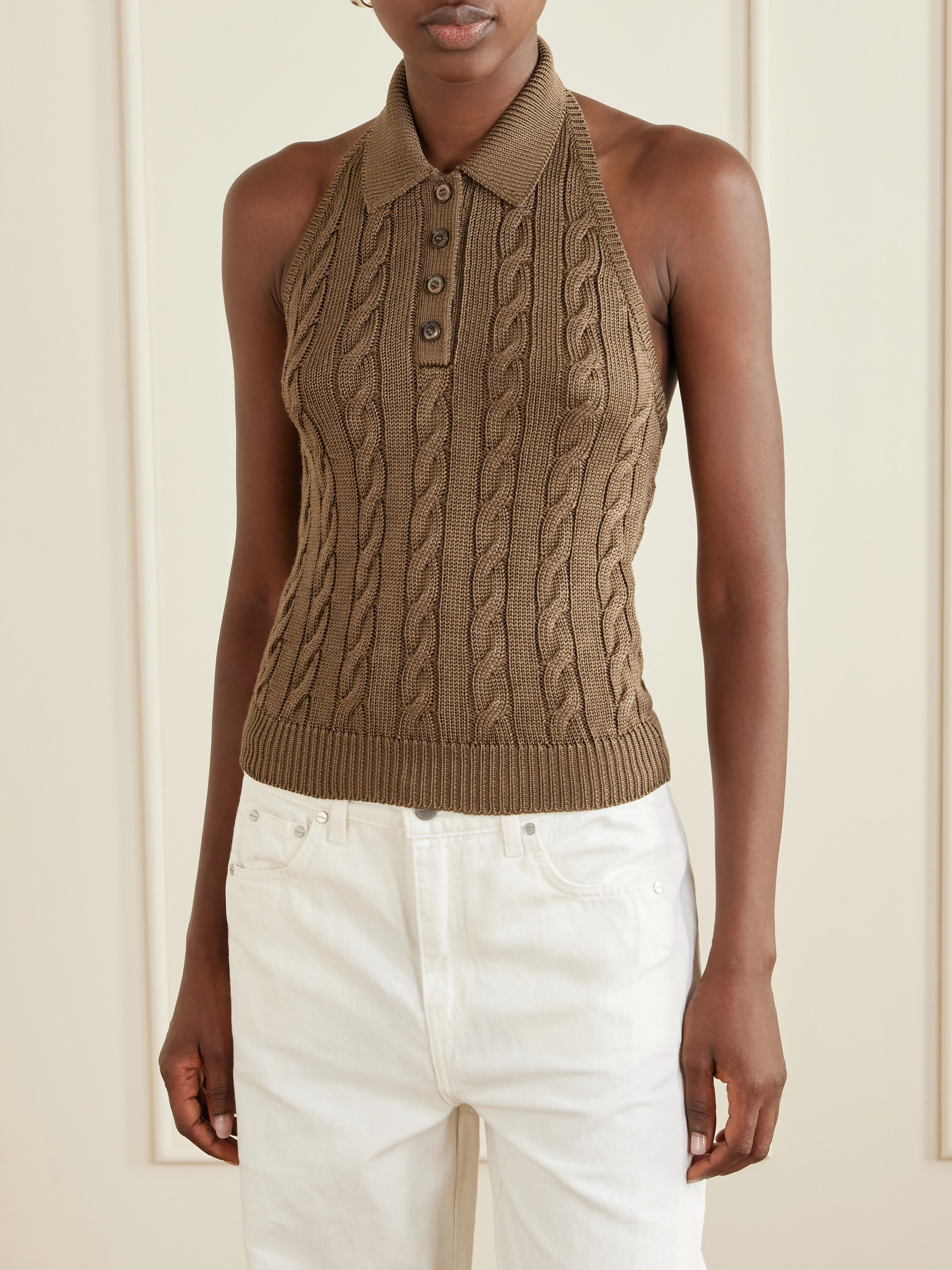 Ralph Lauren Collection Cable-knit stretch-silk halterneck polo vest
