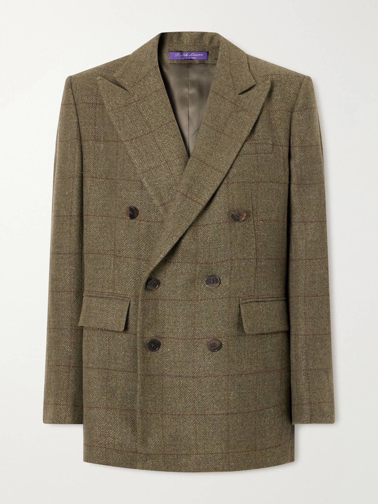 Ralph Lauren Ramona Double-breasted Windowpane Linen, Cashmere And Silk-blend Blazer In Gray