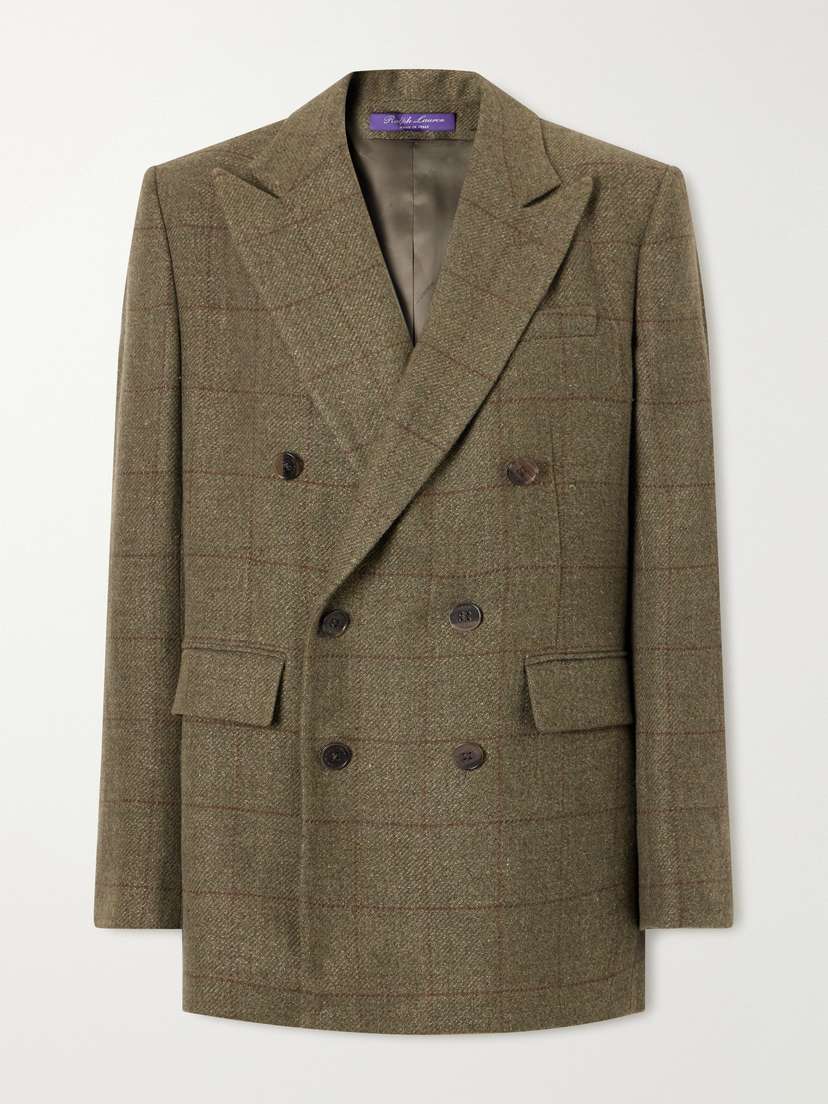 Ralph Lauren Collection Ramona Double-breasted Windowpane Linen, Cashmere And Silk-blend Blazer