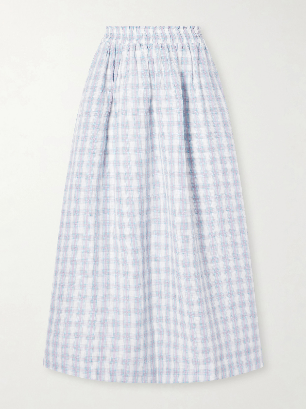 Skall Pleated Checked Linen Midi Skirt In Blue