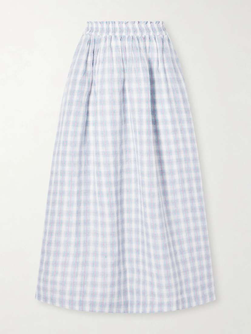 SKALL Pleated Checked Linen Midi Skirt