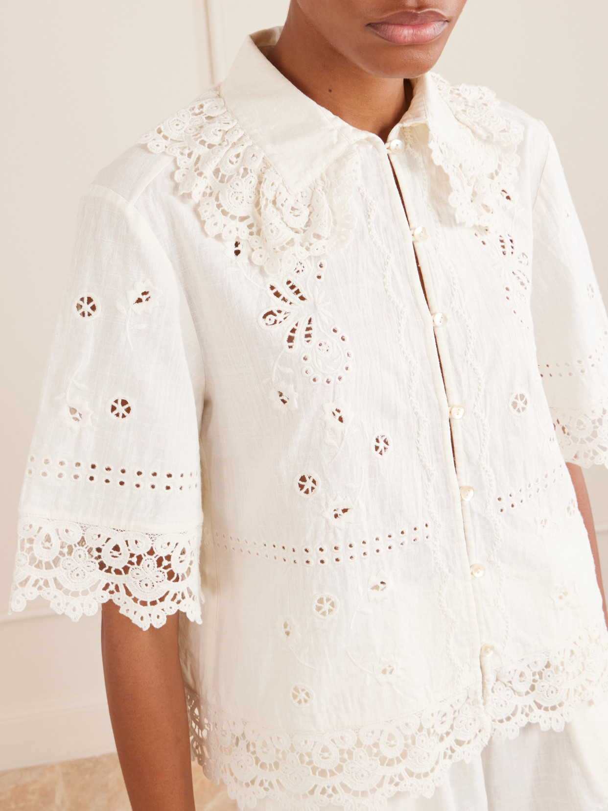 Talia Broderie Anglaise Cotton And Linen-Blend Shirt
